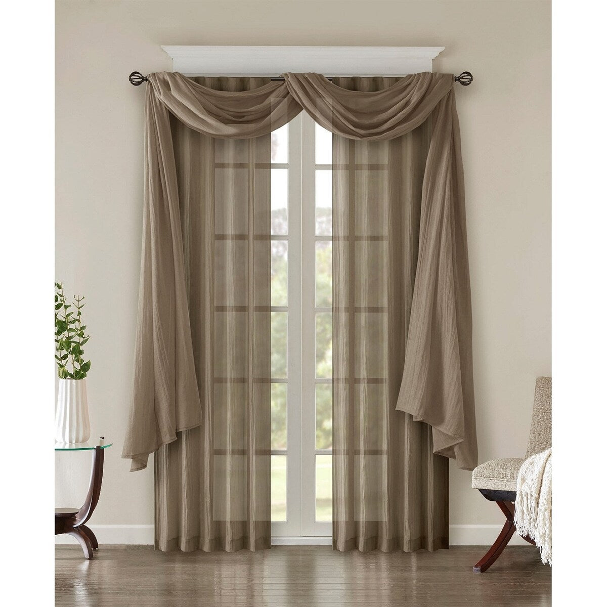 Madison Park Harper 42 x 216 Solid Crushed Sheer Scarf Valance Taupe - 42 x 216