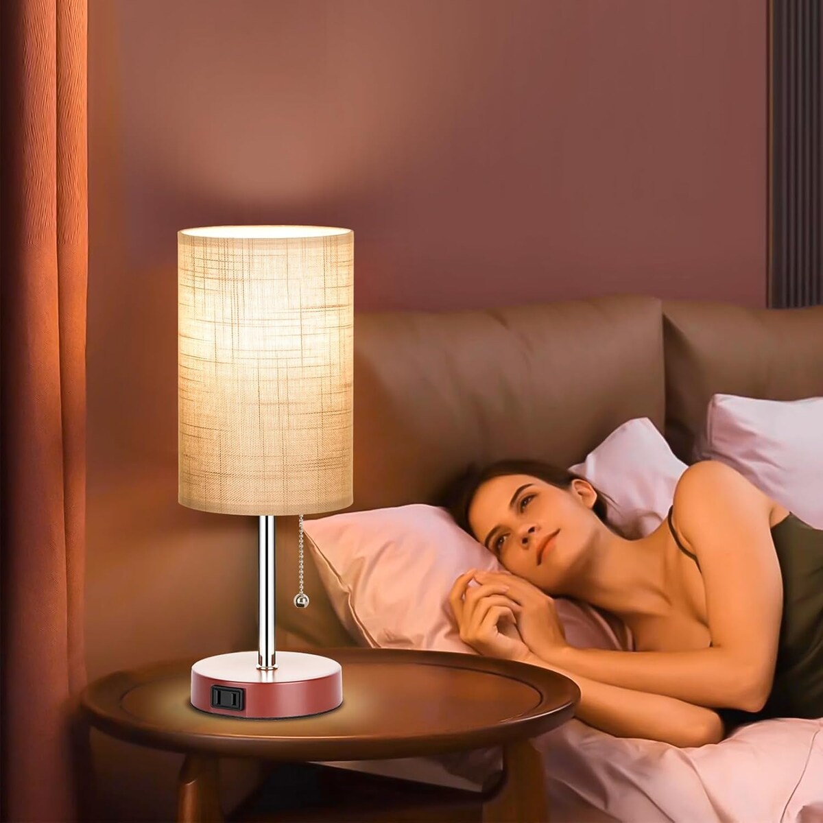 Table Lamp for Bedroom, 3-Color Bedside Lamps with Pull Chain, Bedroom Table Lamps for Nightstand, Bulb Included