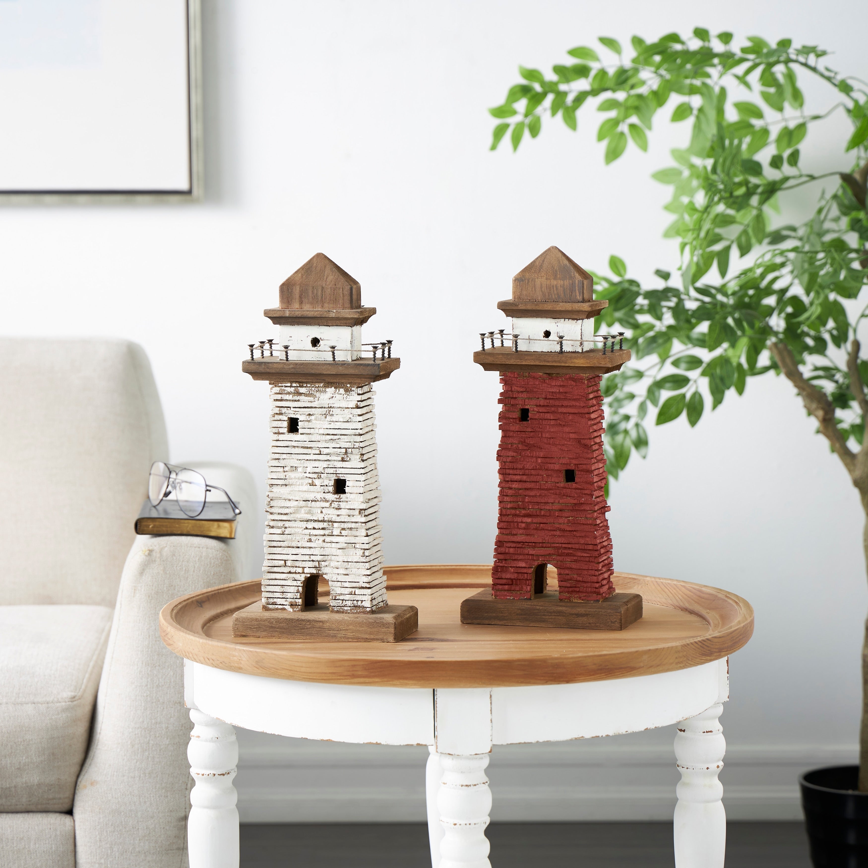 Red Wood Distressed Light House Decorative Sculpture with Cream and Brown Accents (Set of 2)