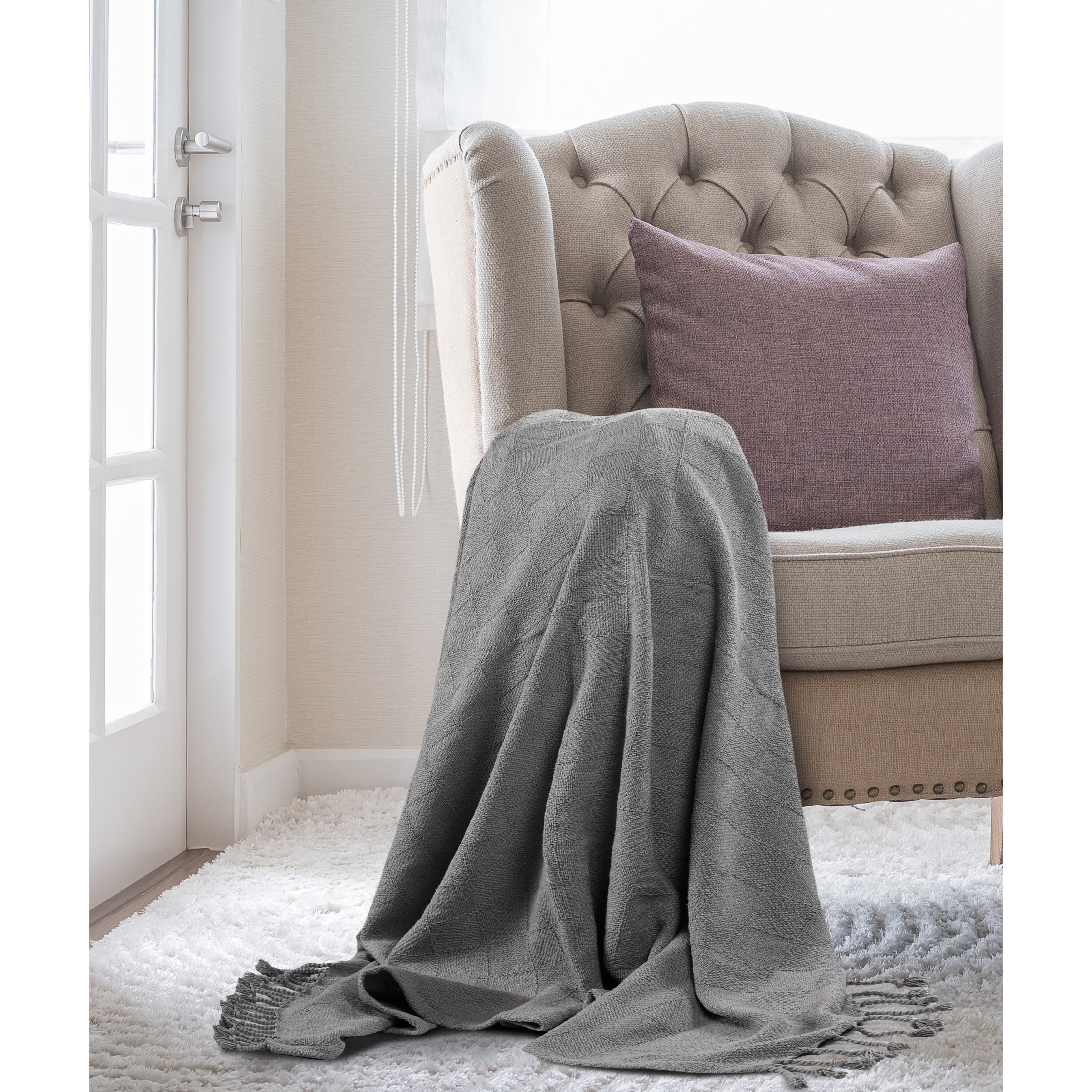 Sevita Checkered Weave Light Standard Size Throw Blanket with Fringe