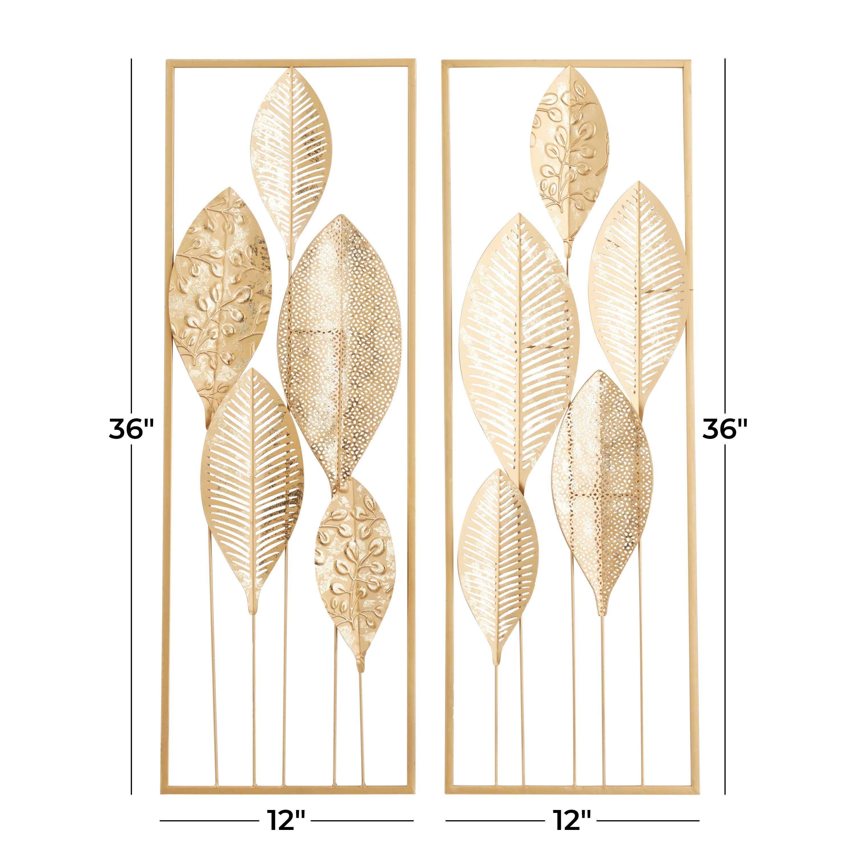 CosmoLiving by Cosmopolitan Gold Metal Tall Cut-Out Leaf Wall Decor with Gold Frame (Set of 2)