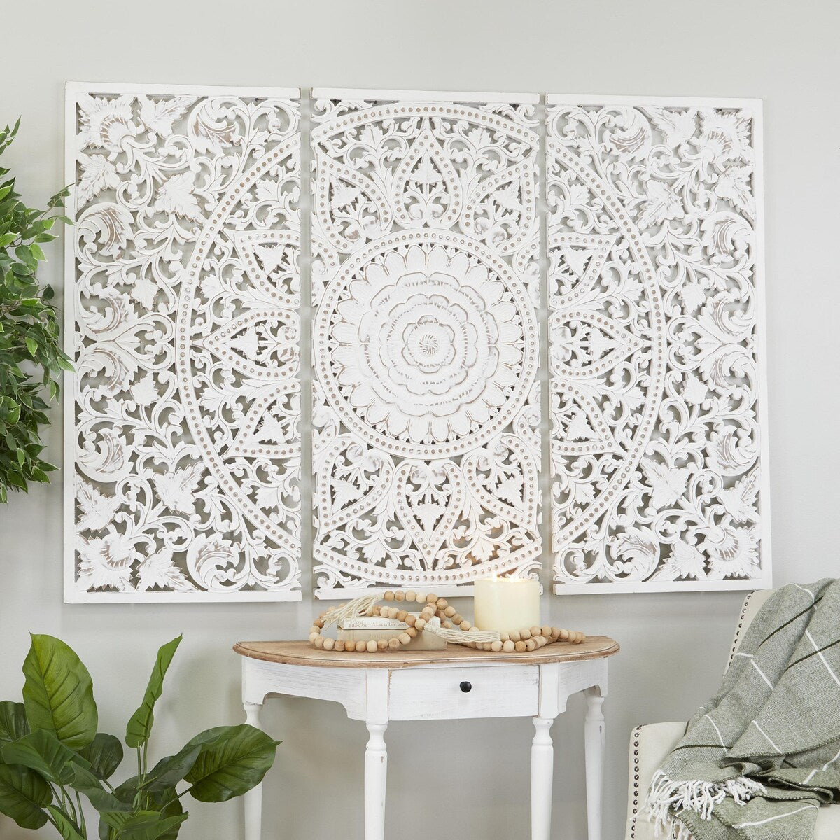 Wooden Floral Handmade Intricately Carved Home Wall Decor with Mandala Design - Set of 3 White - Roche River Decor