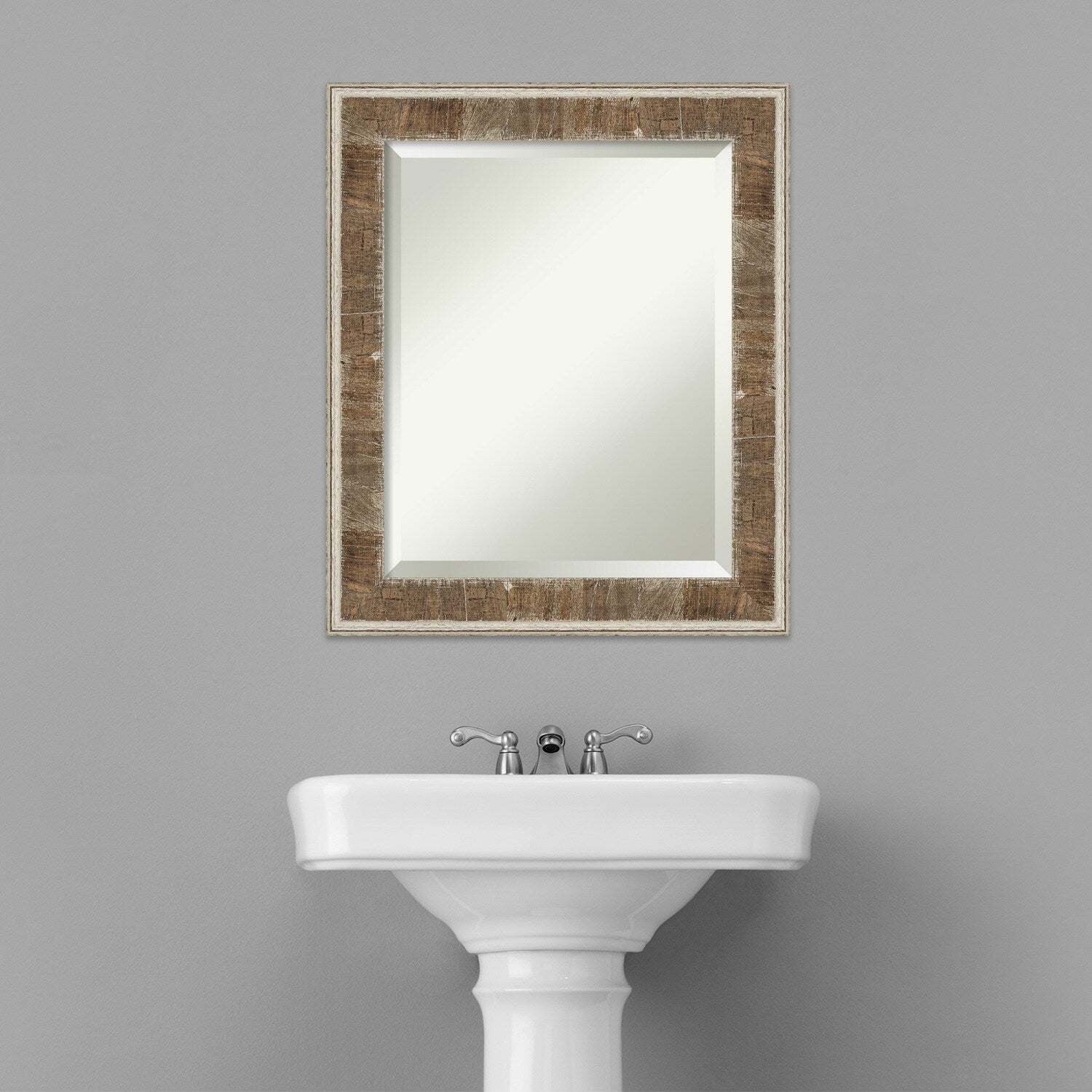 Beveled Wood Bathroom Wall Mirror - Farmhouse Brown Narrow Frame