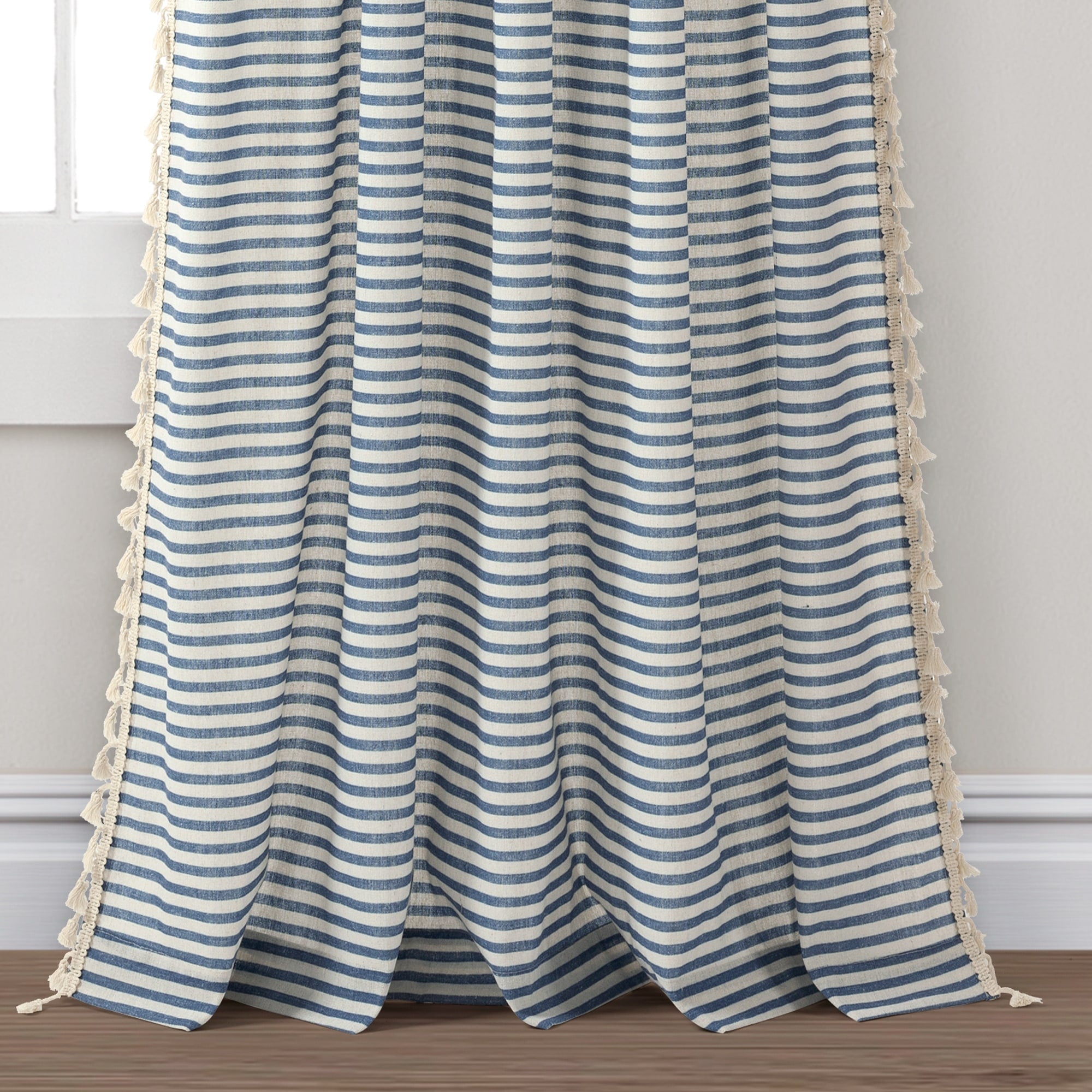 Lush Decor Boho Coastal Horizontal Ticking Stripe Tassel Window Curtain Panels