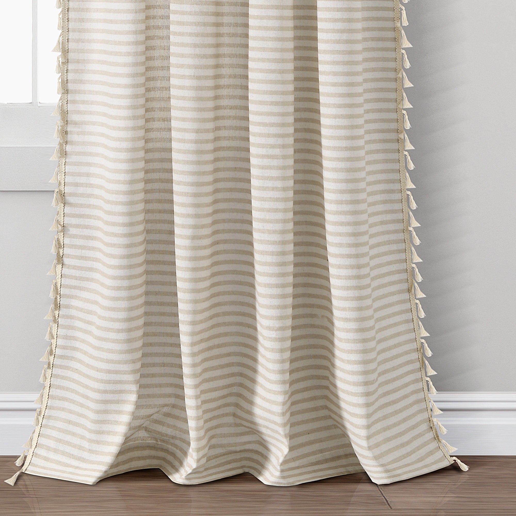 Lush Decor Boho Coastal Horizontal Ticking Stripe Tassel Window Curtain Panels