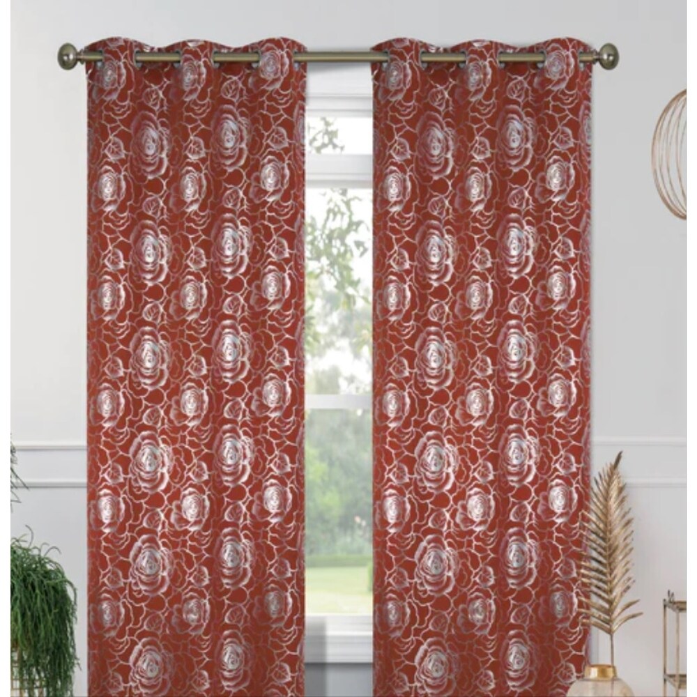 J&V Textiles Floral Metallic Blackout Thermal Grommet Curtain Panels (Set of 2) - Regular