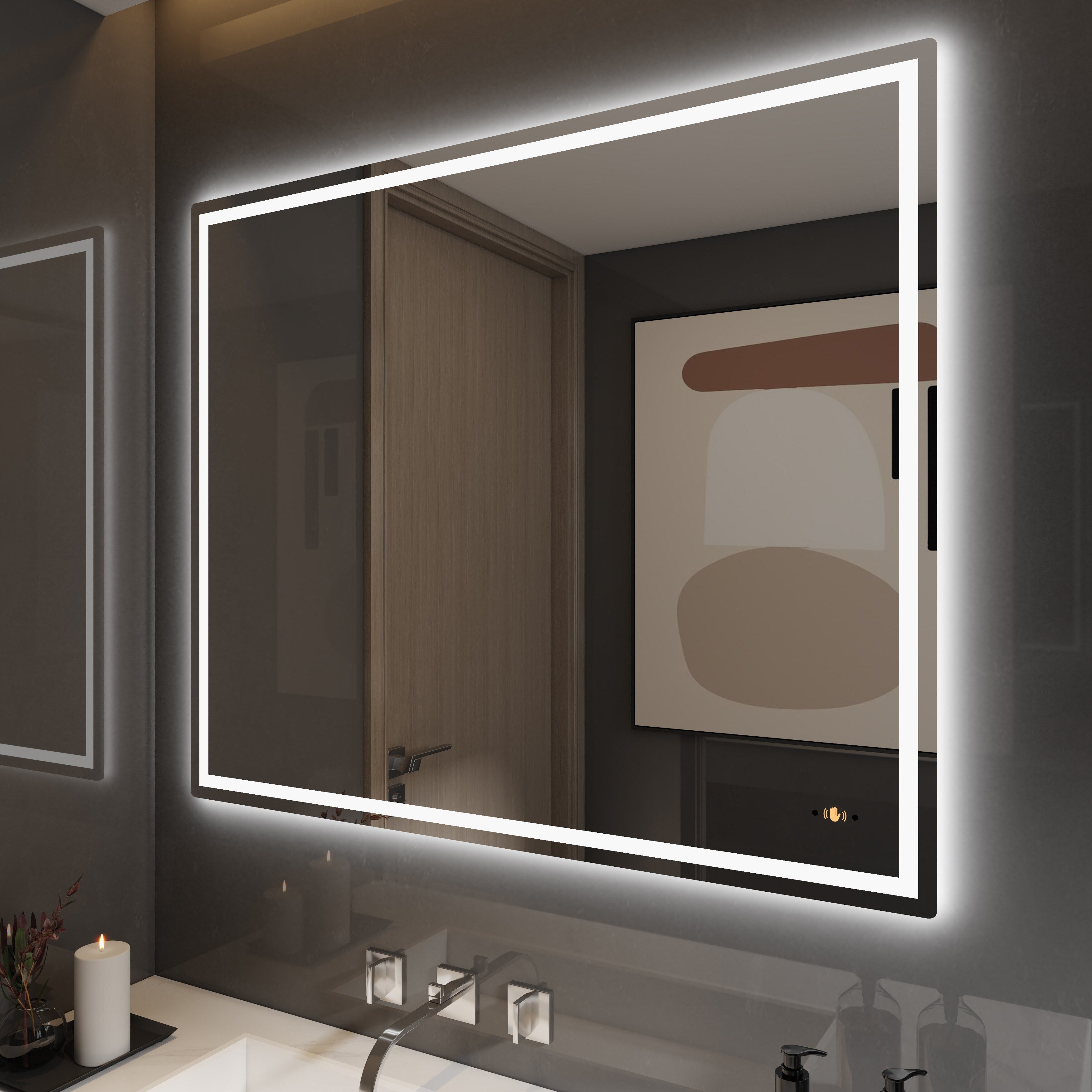 CB HOME Lighted Bathroom Vanity Mirror, LED Wall Mounted Mirror, Gesture Control Smart Lighted Mirror, Dimmable, Frameless