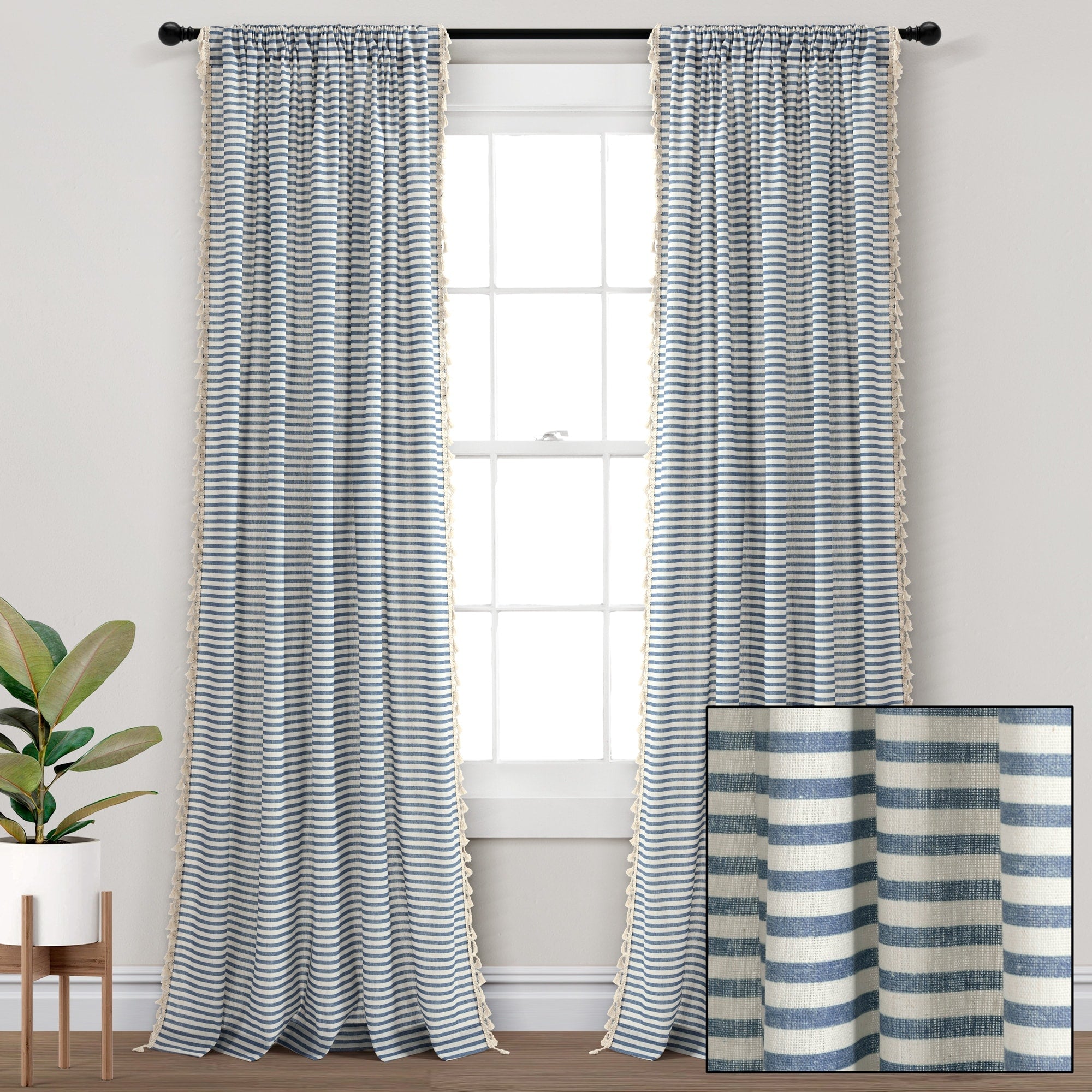 Lush Decor Boho Coastal Horizontal Ticking Stripe Tassel Window Curtain Panels