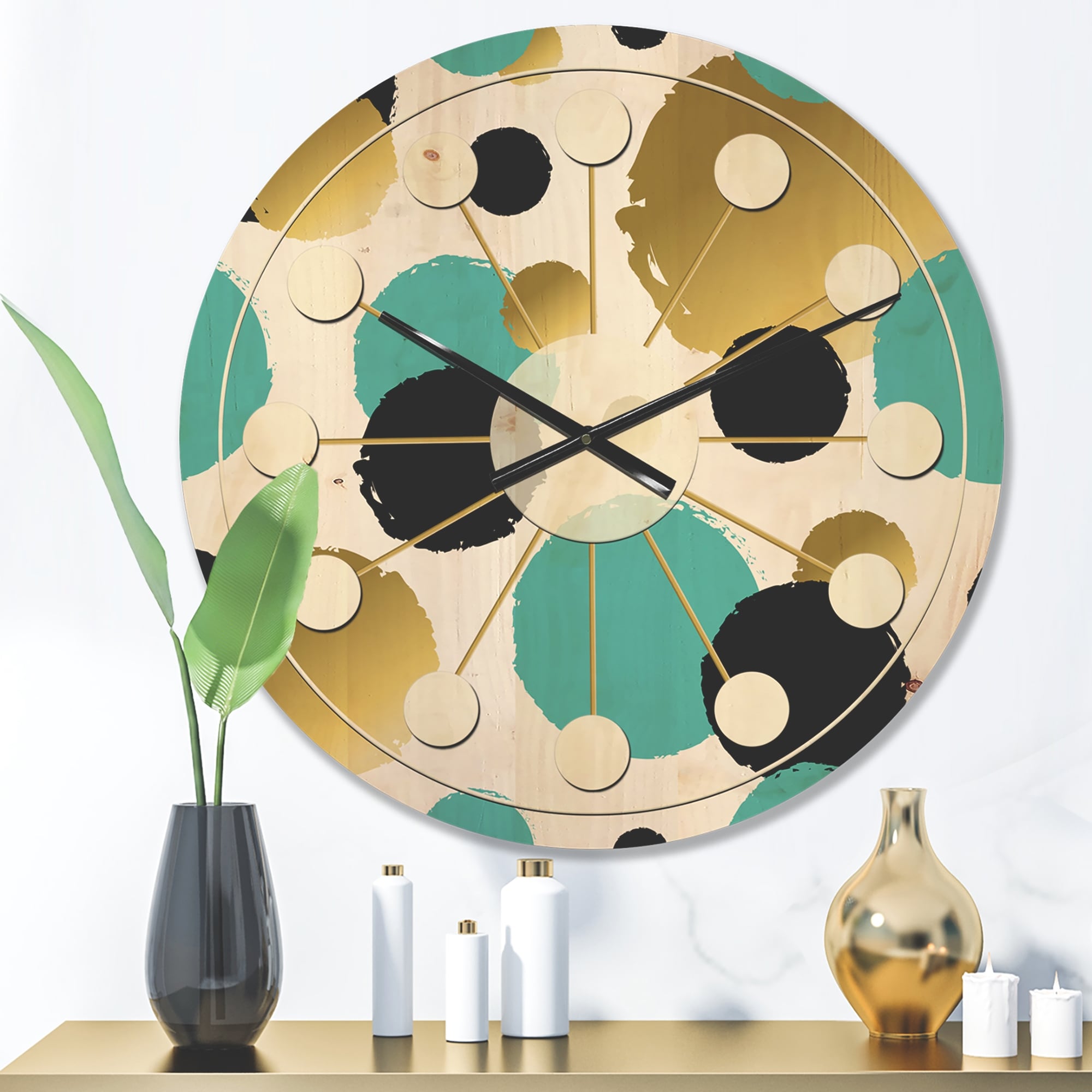 Designart 'Gold and Blue Circles' Mid-Century Modern Wood Wall Clock