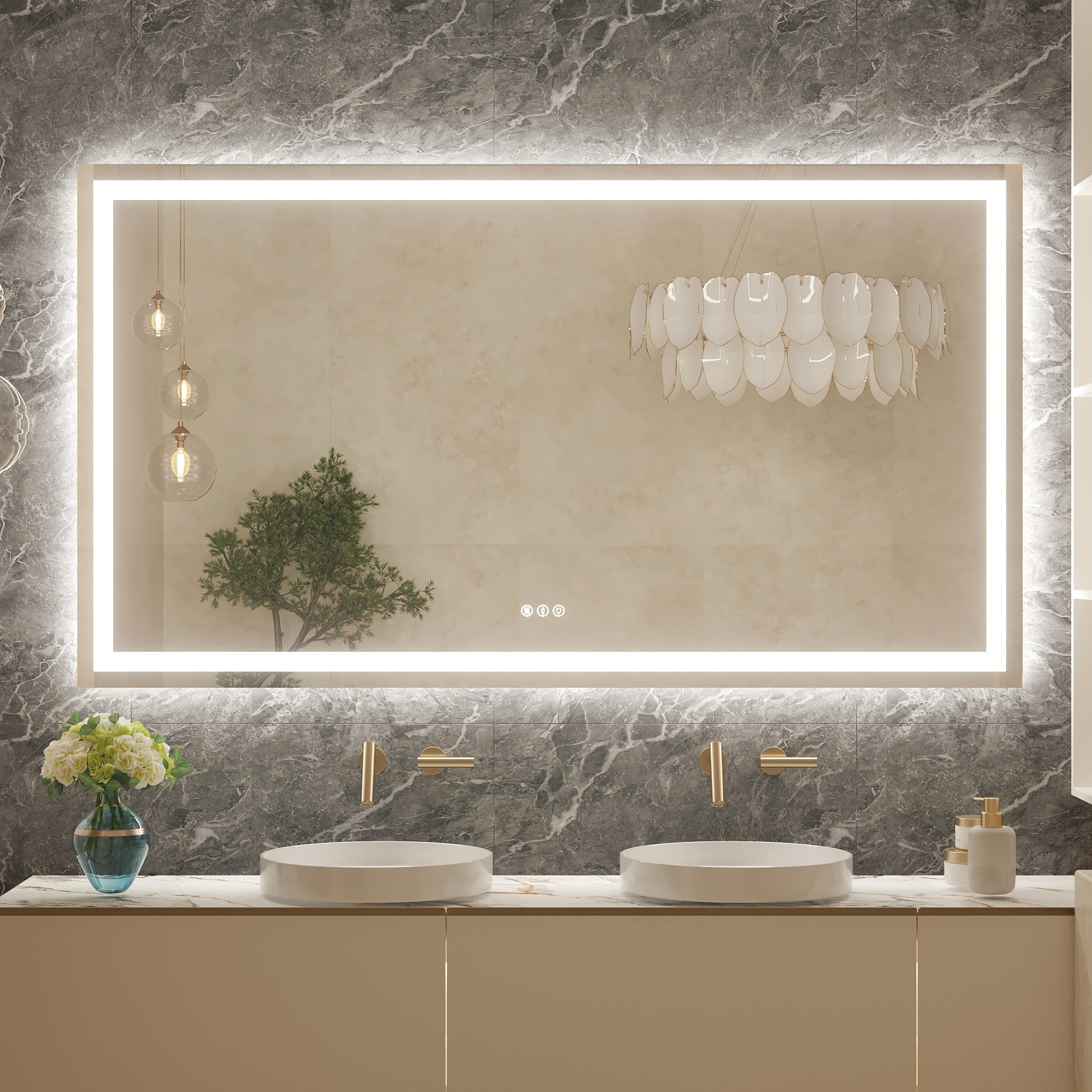 Large Rectangular Frameless Anti-Fog LED Light Wall Mounted Bathroom Vanity Mirror in White - N/A