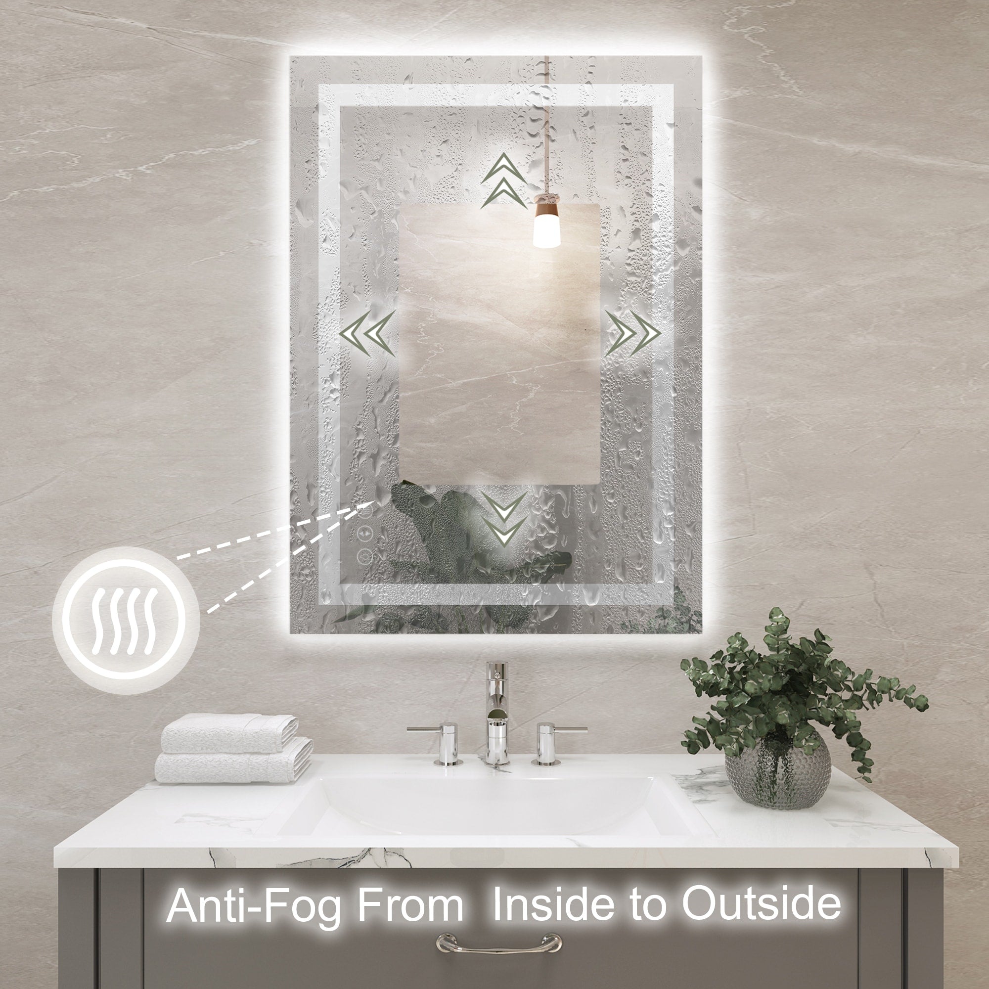 Large Rectangular Frameless Anti-Fog LED Light Wall Mounted Bathroom Vanity Mirror in White - N/A