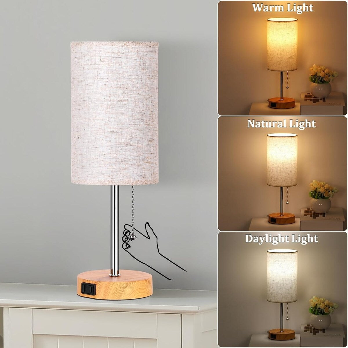 Table Lamp for Bedroom, 3-Color Bedside Lamps with Pull Chain, Bedroom Table Lamps for Nightstand, Bulb Included