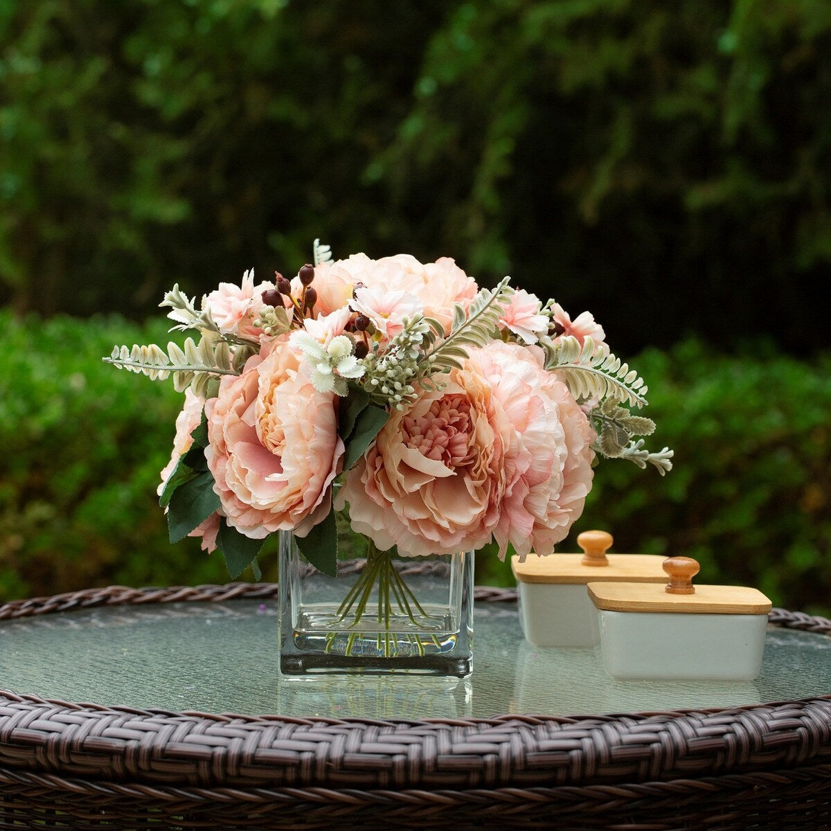 Mixed Silk Peony Artificial Flowers in Vase with Faux Water, Silk Flower Arrangements in Vase for Home Decor, Wedding Table