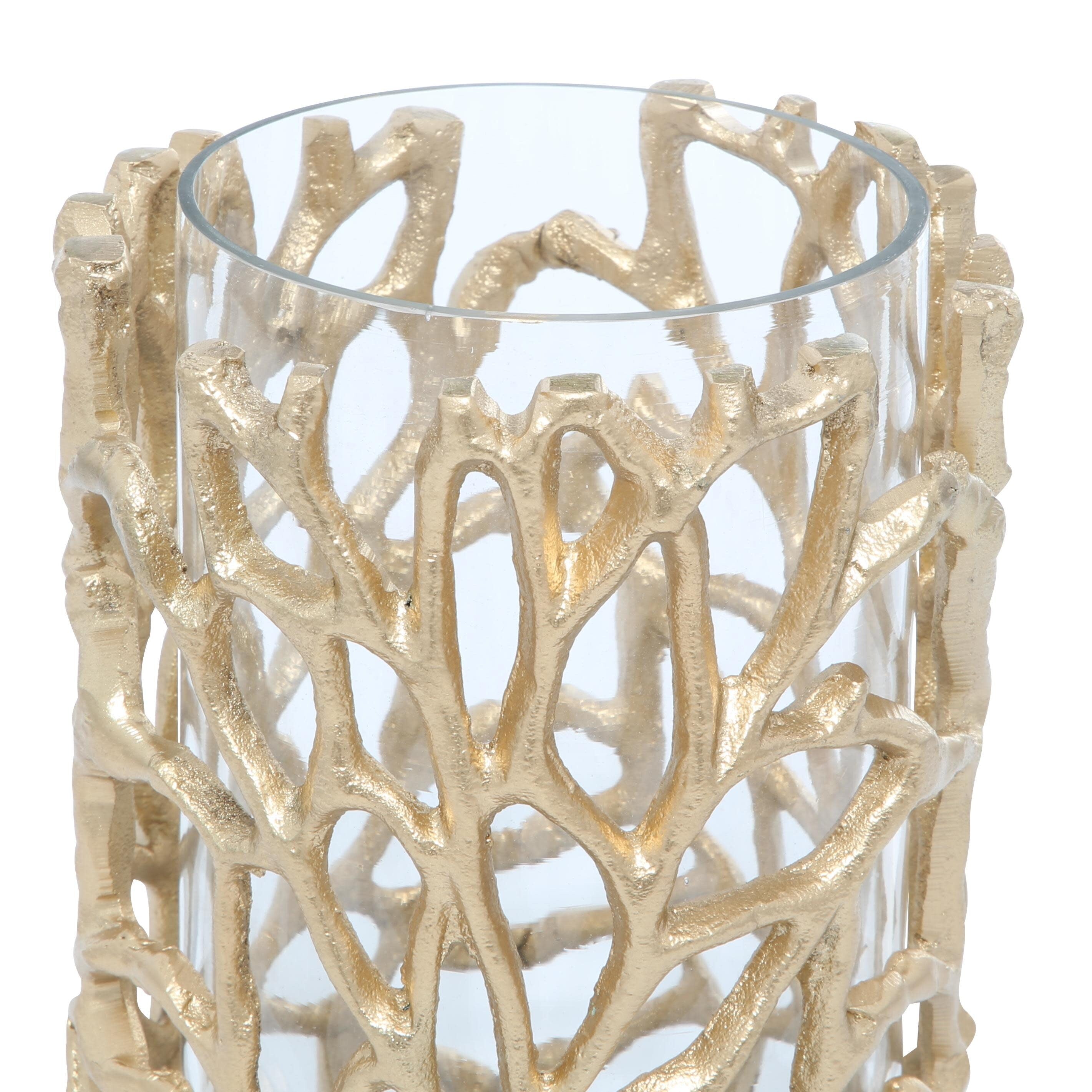 Aluminum Metal Decorative Indoor Outdoor Candle Lantern with Coral Pattern - Gold - Roche River Decor