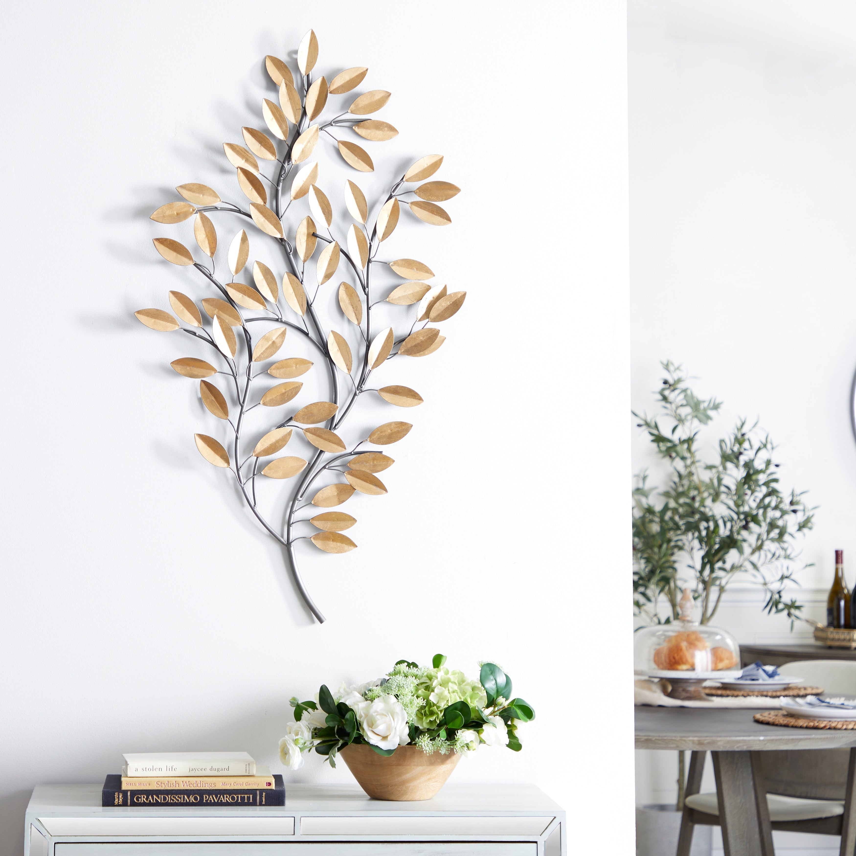 Metal Metallic Leaf Wall Decor with Stem - Silver or Brass