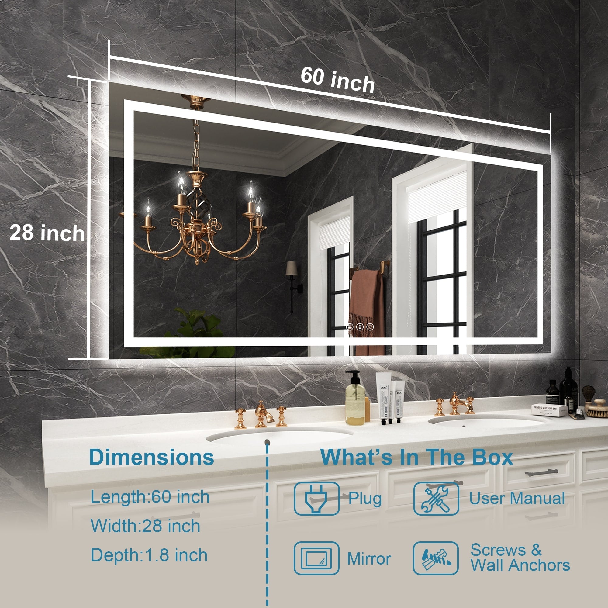 Large Rectangular Frameless Anti-Fog LED Light Wall Mounted Bathroom Vanity Mirror in White - N/A