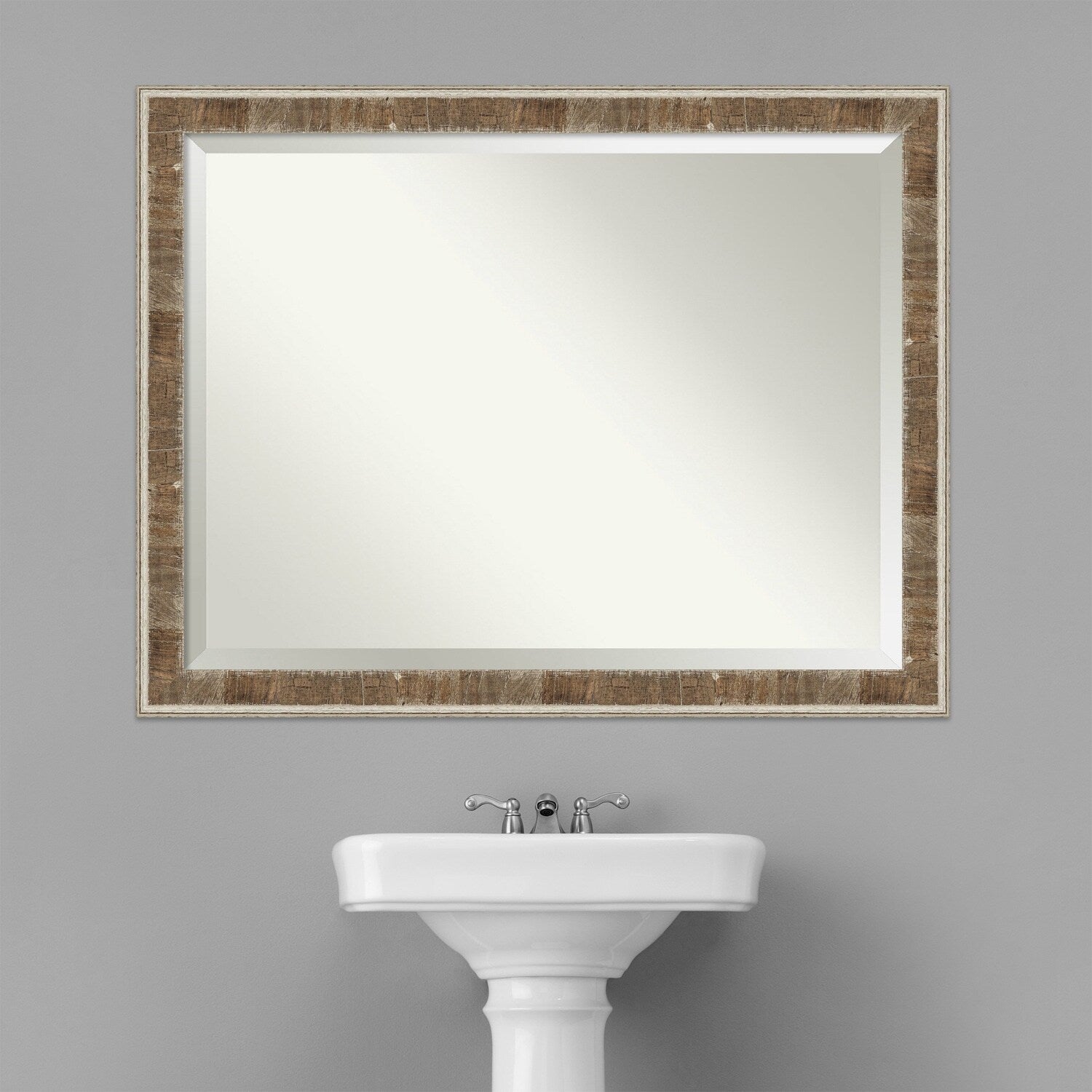 Beveled Wood Bathroom Wall Mirror - Farmhouse Brown Narrow Frame