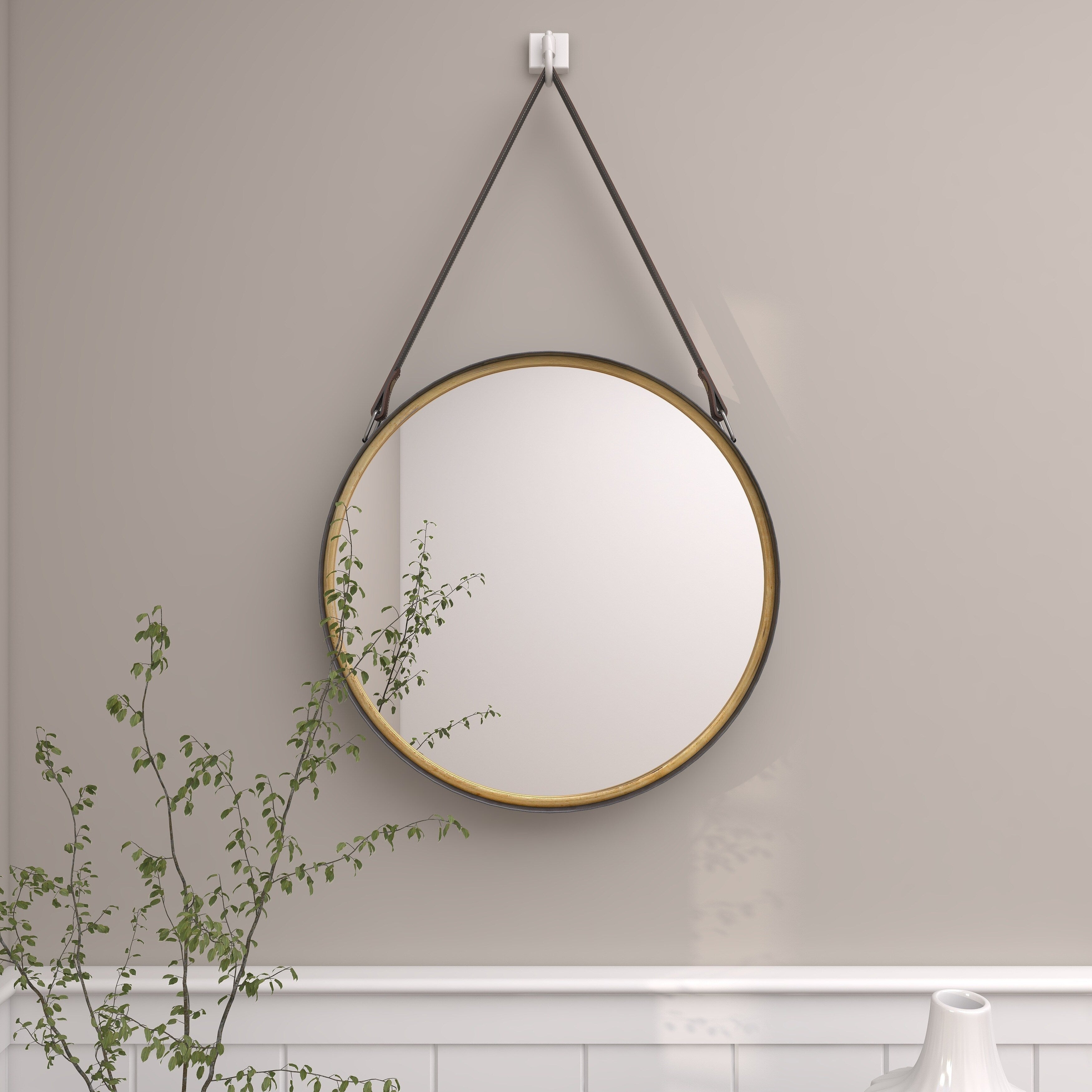 Gold Metal Room Wall Mirror with Leather Strap