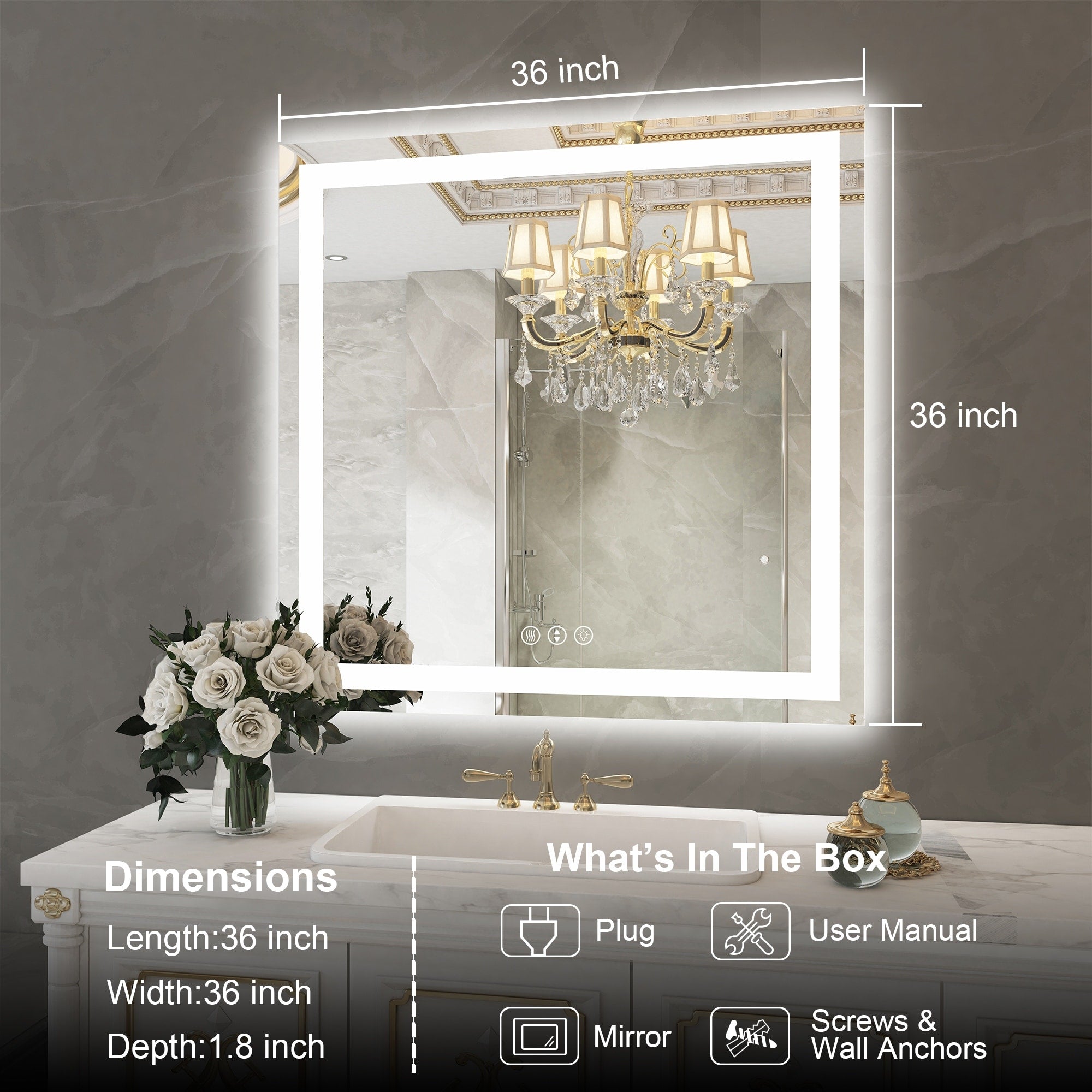 Large Rectangular Frameless Anti-Fog LED Light Wall Mounted Bathroom Vanity Mirror in White - N/A