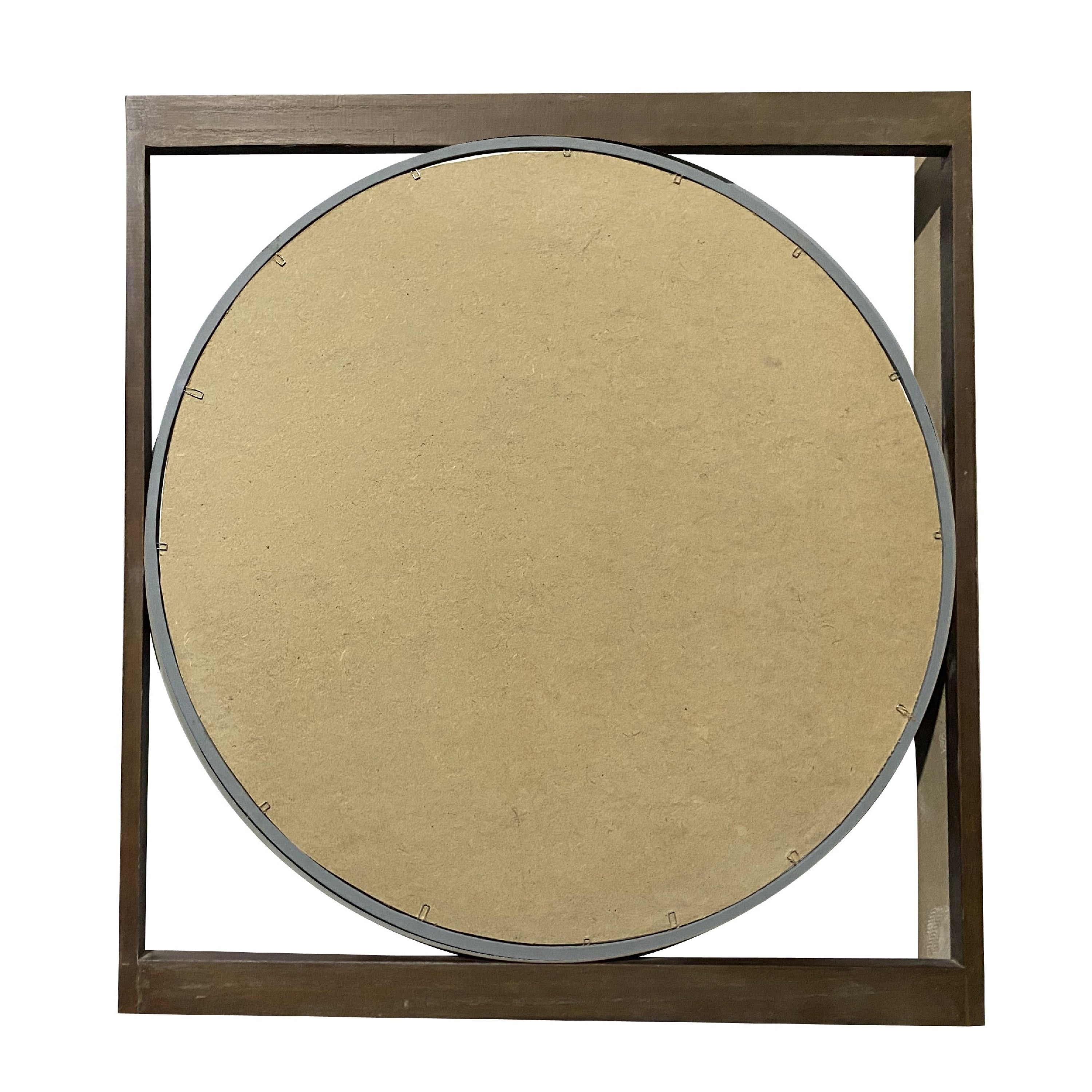 Round Wall Mirror with Rectangular Wooden Frame, Brown