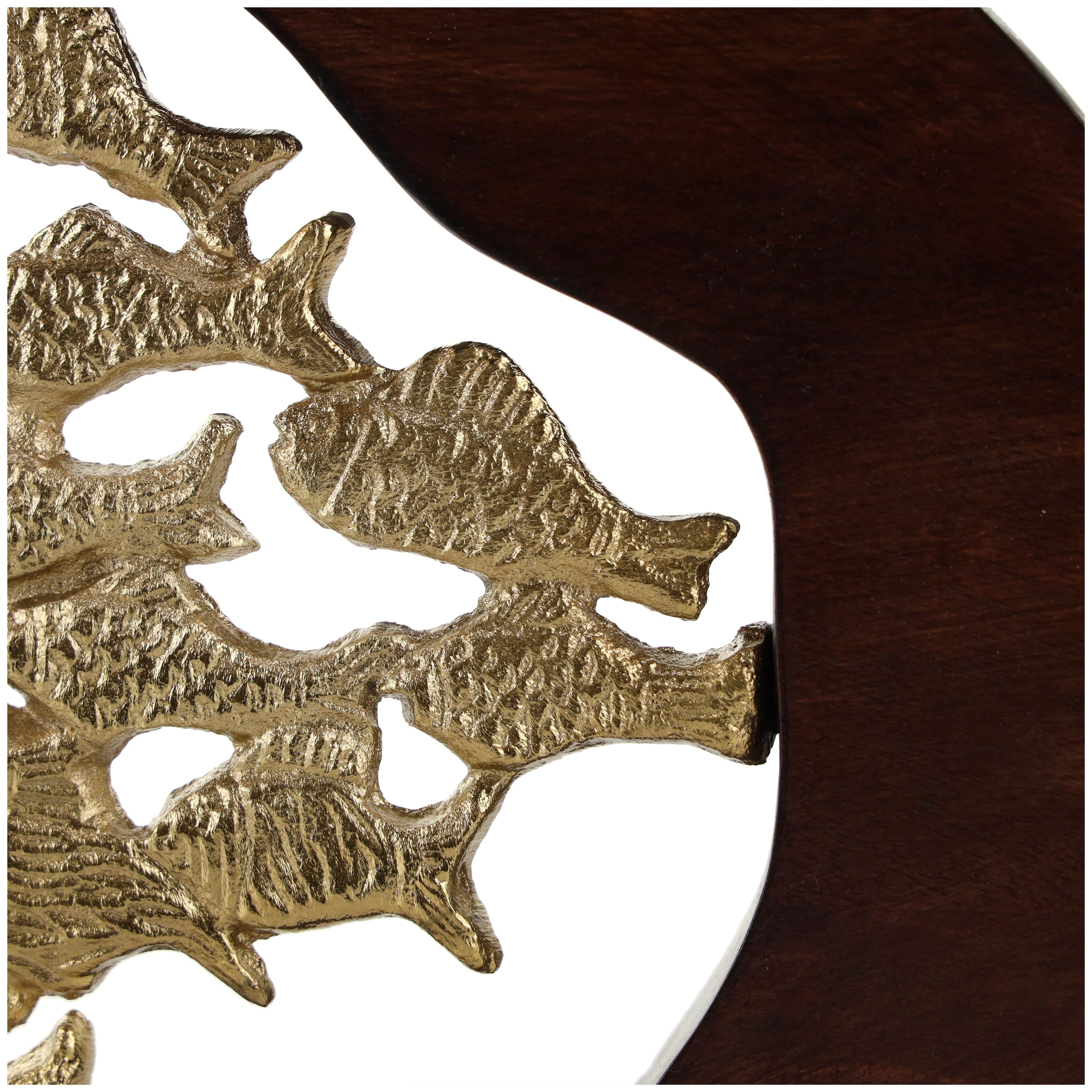 Gold Aluminum Metal Fish Decorative Sculpture with Brown Wooden Frame