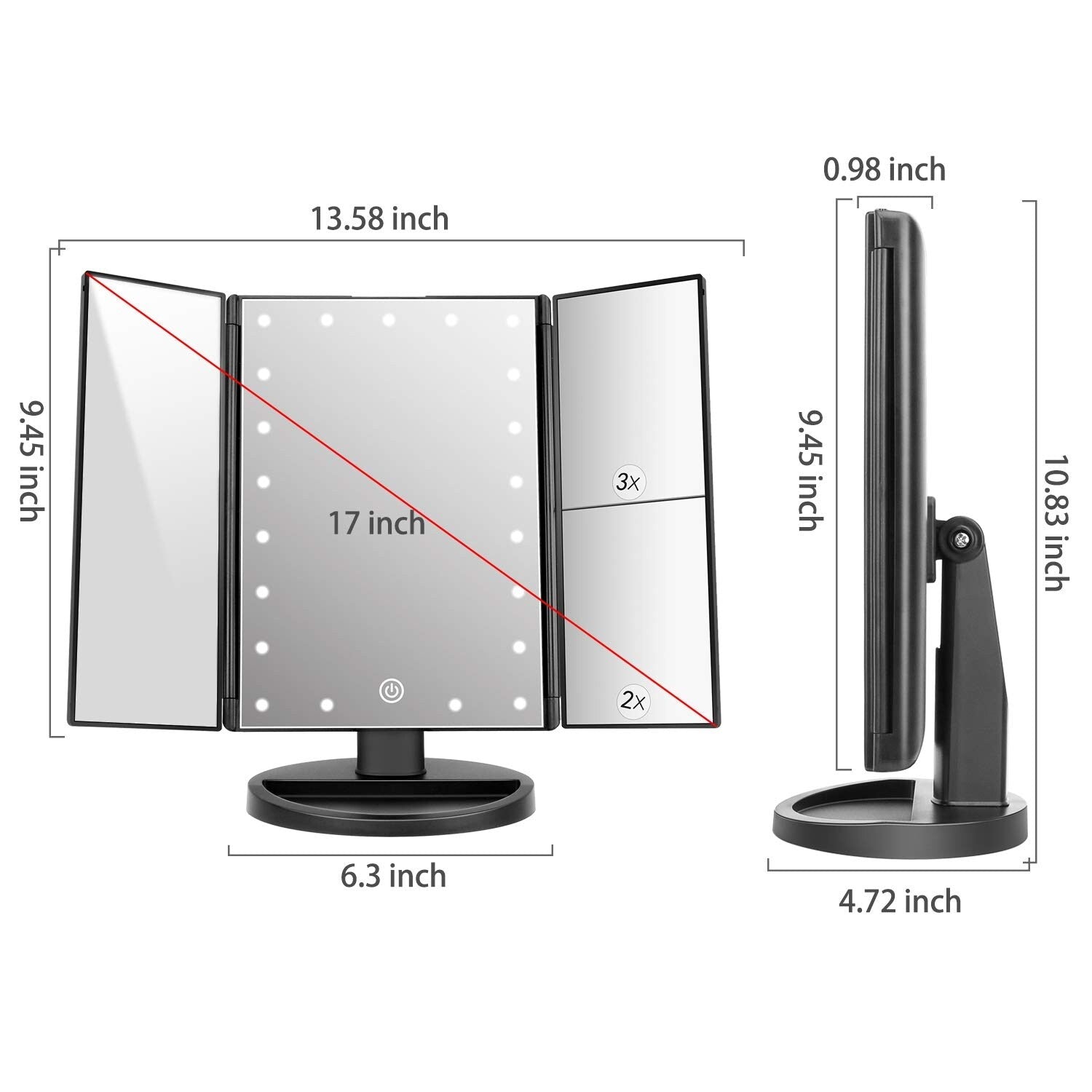 Tabletop Mount Trifold Lighted Vanity Mirror with 21 LED Lights,Two Power Supply Mode Make up Mirror