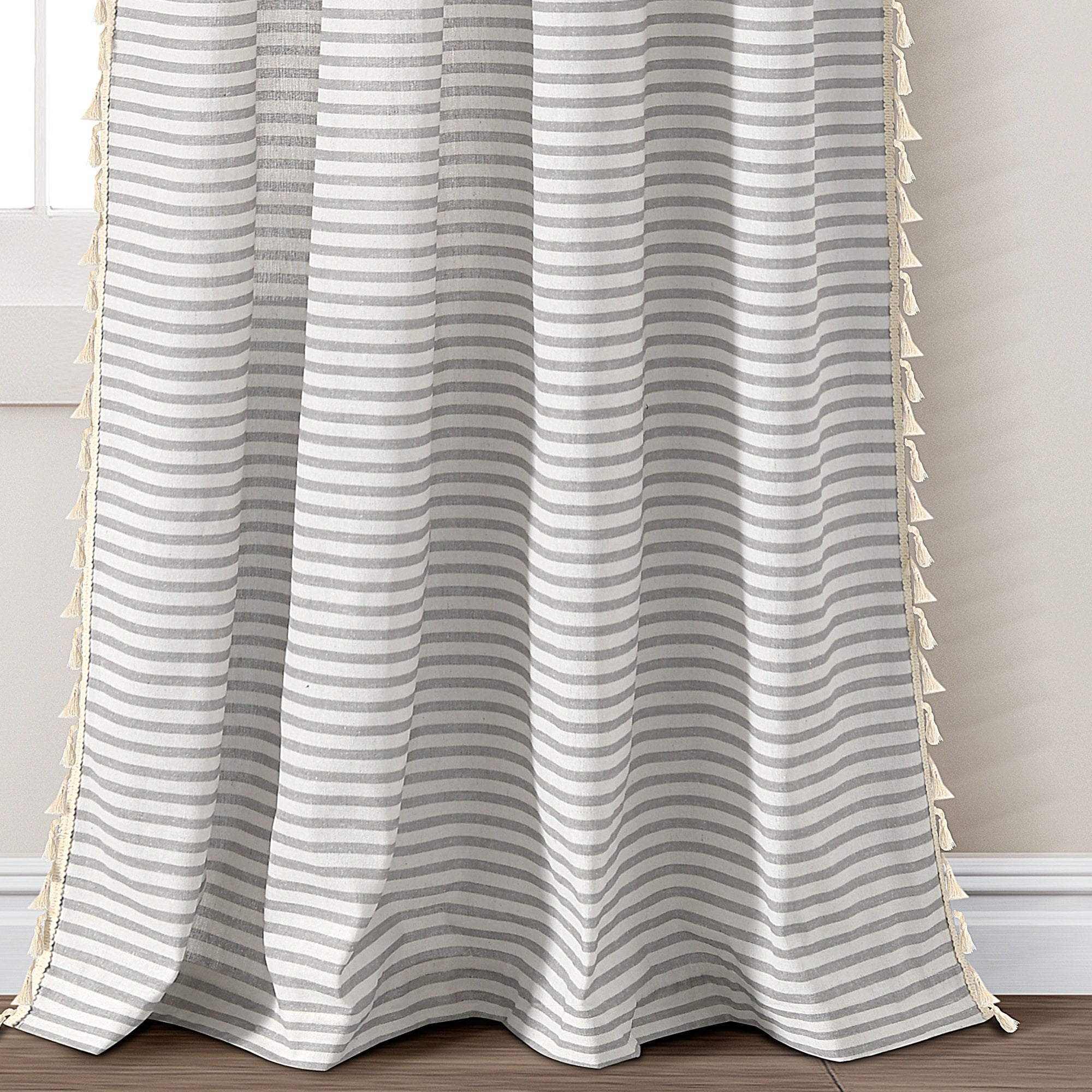 Lush Decor Boho Coastal Horizontal Ticking Stripe Tassel Window Curtain Panels