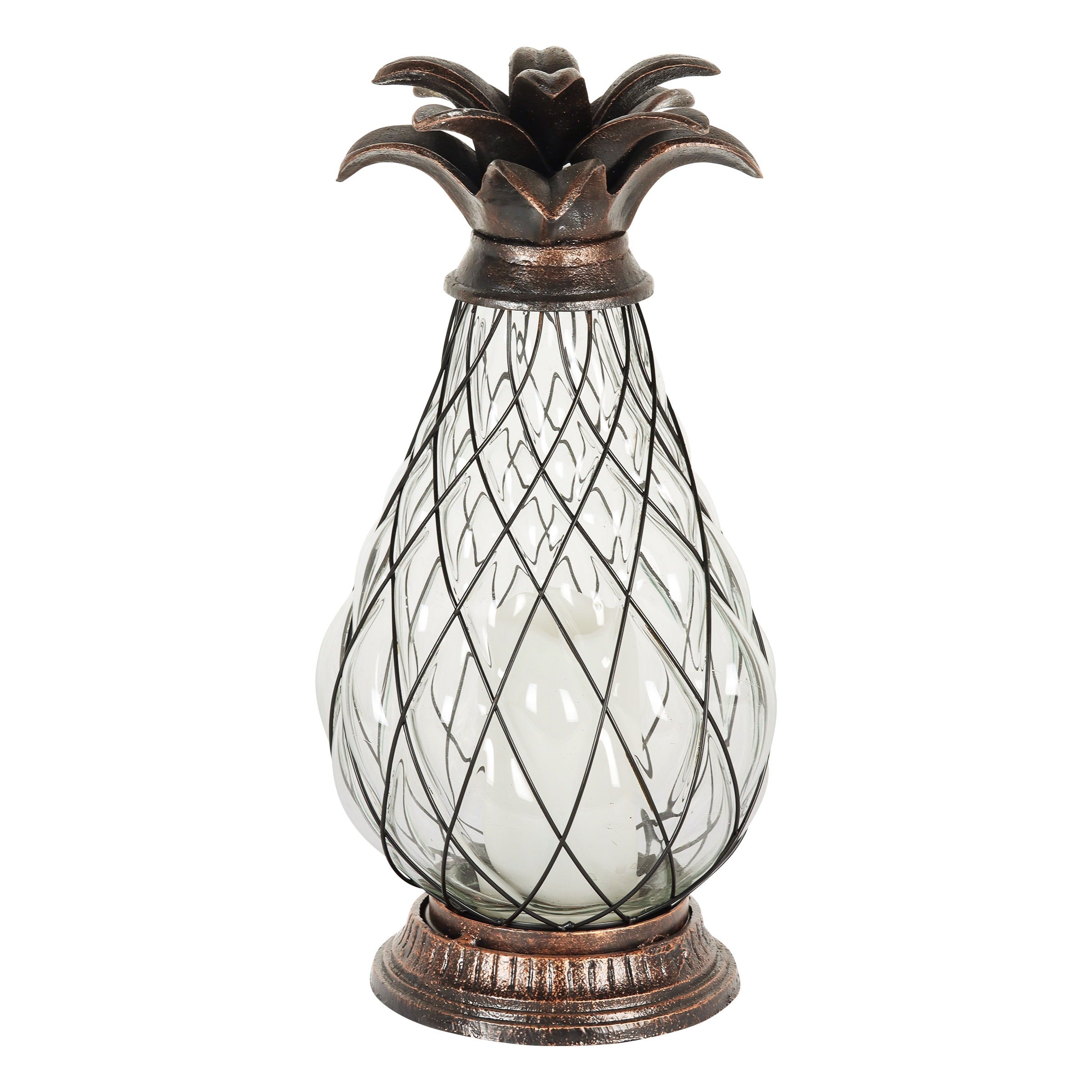 Exhart Bronze Pineapple Lantern with Battery Powered LED Candle on a Timer