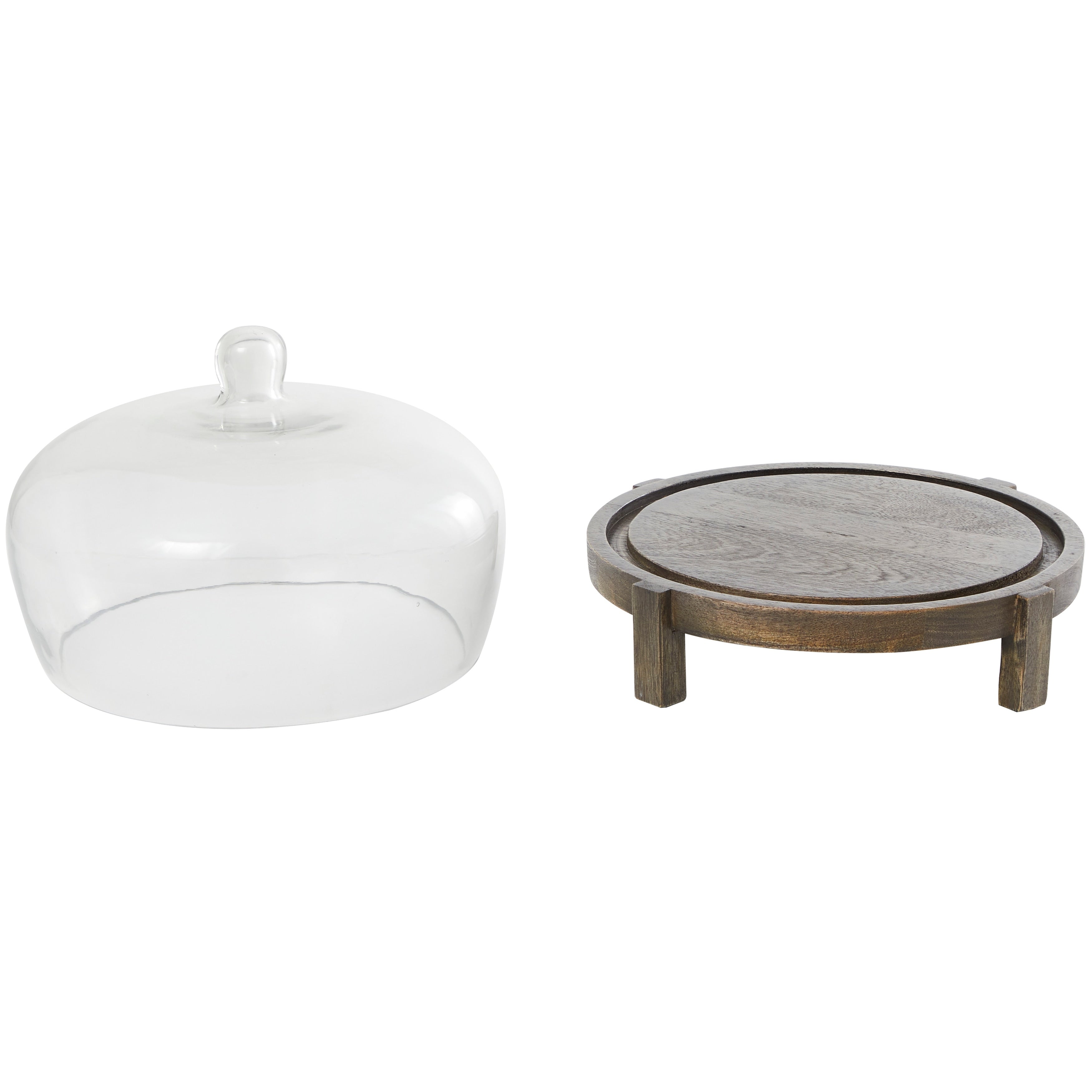 Dark Brown Mango Wood Cake Stand with Glass Cloche