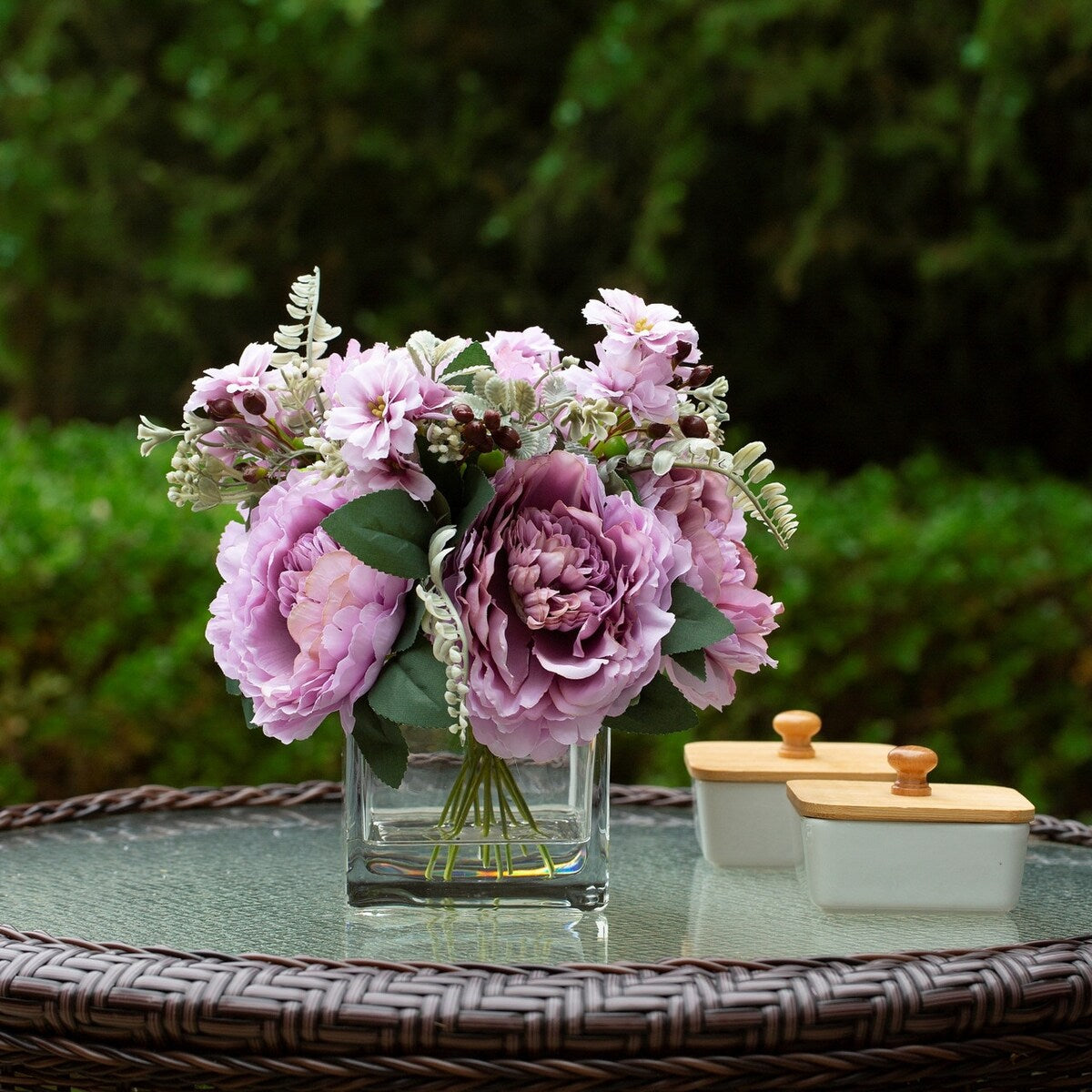 Mixed Silk Peony Artificial Flowers in Vase with Faux Water, Silk Flower Arrangements in Vase for Home Decor, Wedding Table