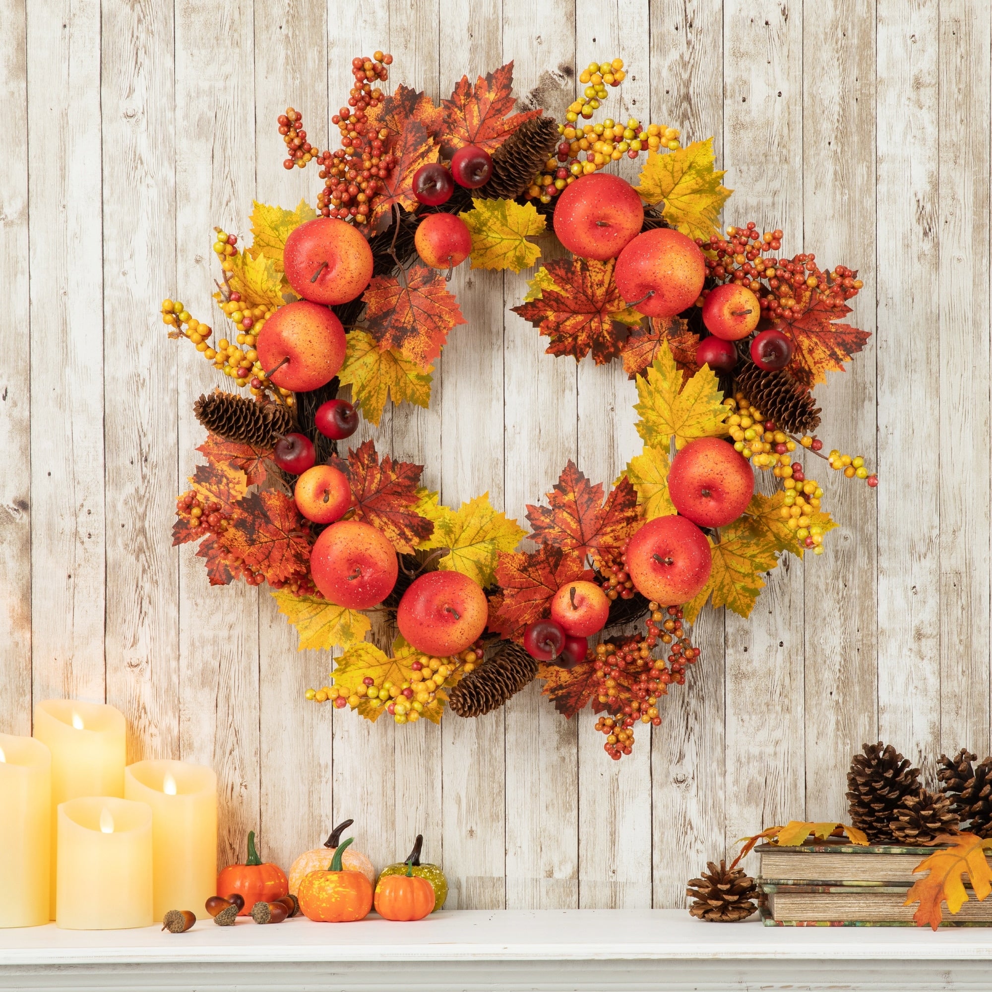 Glitzhome 24D Fall Apple Berry Leaf Wreath for Thanksgiving