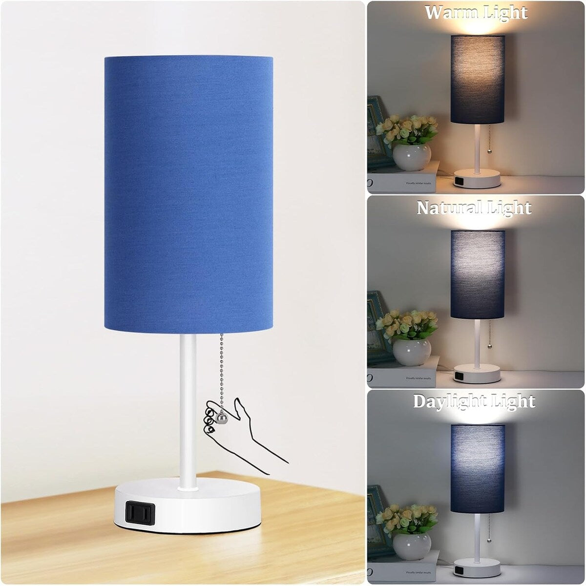 Table Lamp for Bedroom, 3-Color Bedside Lamps with Pull Chain, Bedroom Table Lamps for Nightstand, Bulb Included