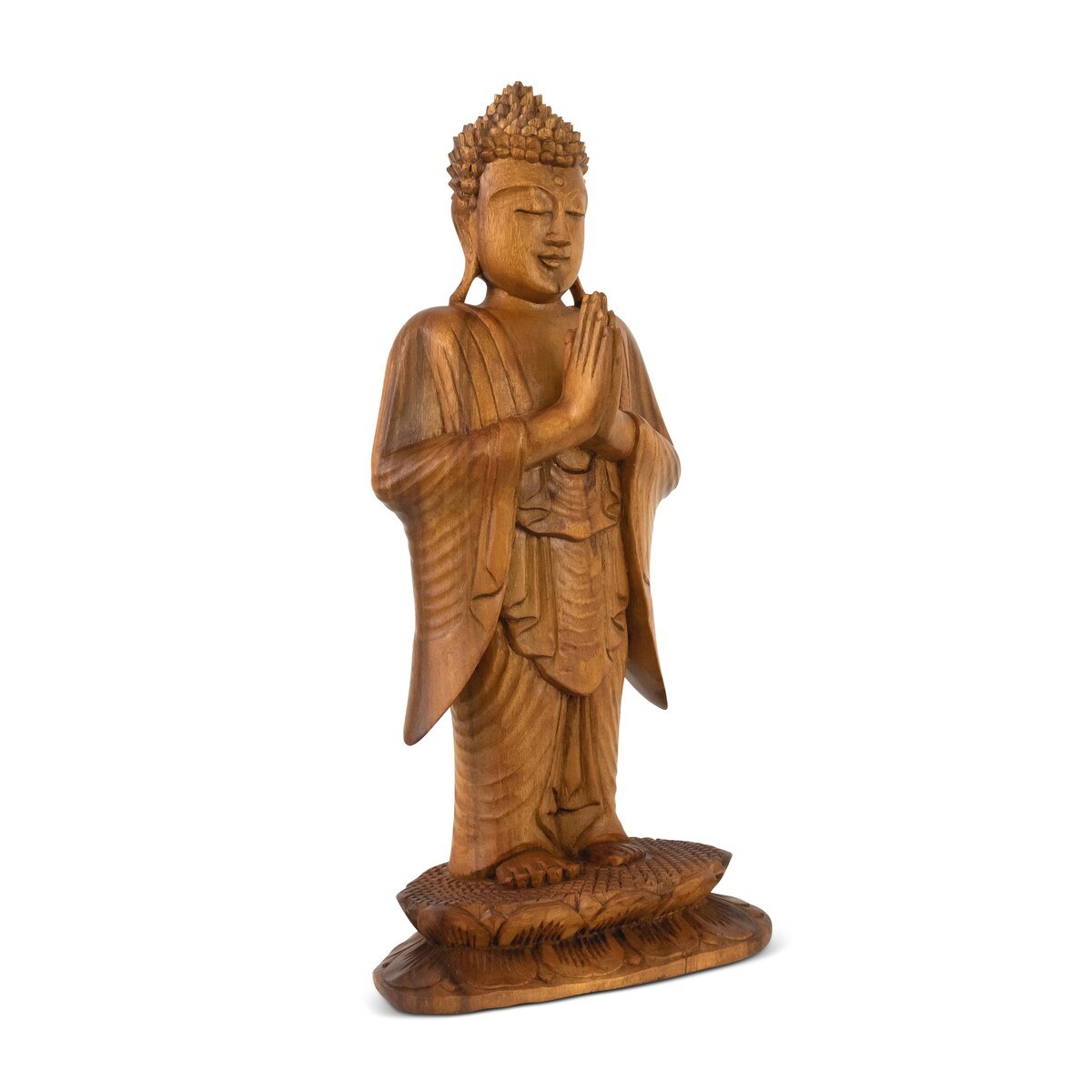 16 Wooden Hand Carved Serene Standing Buddha Statue Handmade Meditating Sculpture Figurine Home Decor Accent Handcrafted Gift