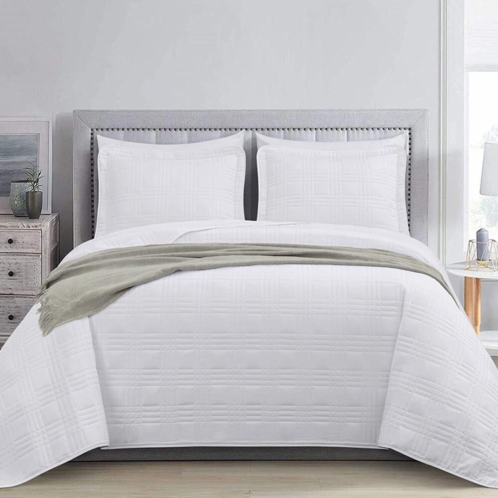 3pc King Size Quilted Bedspread Coverlet Set White