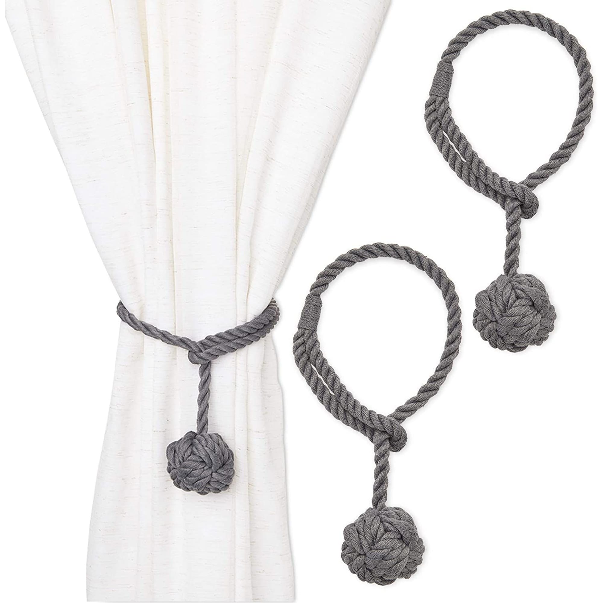 Grey Rope Curtain Tiebacks, Holdbacks for Drapes (20 in, 2 Pack)