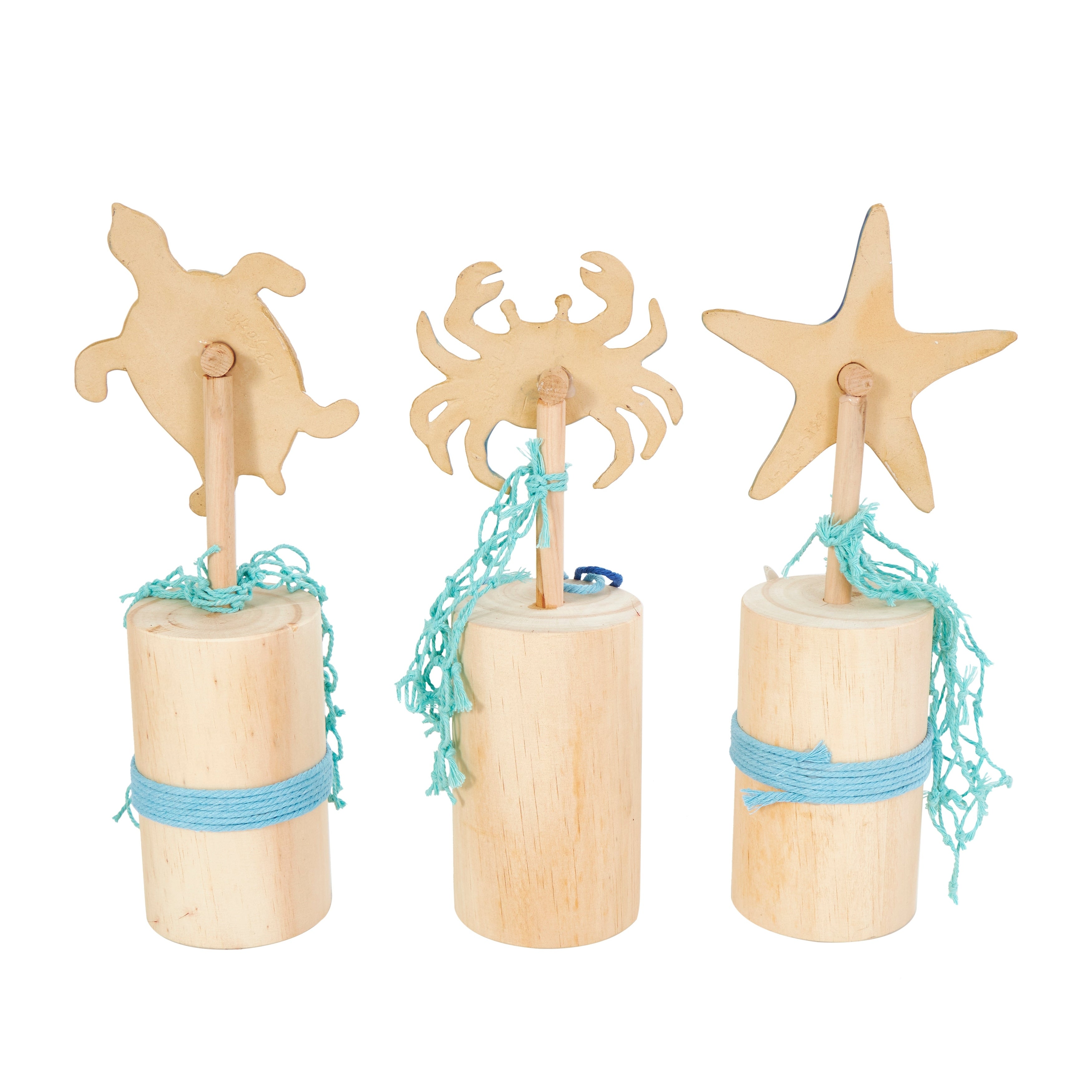 Blue Ceramic Handmade Ombre Sea Life Decorative Sculpture with Cylinder Block Bases and Netting Accents (Set of 3)