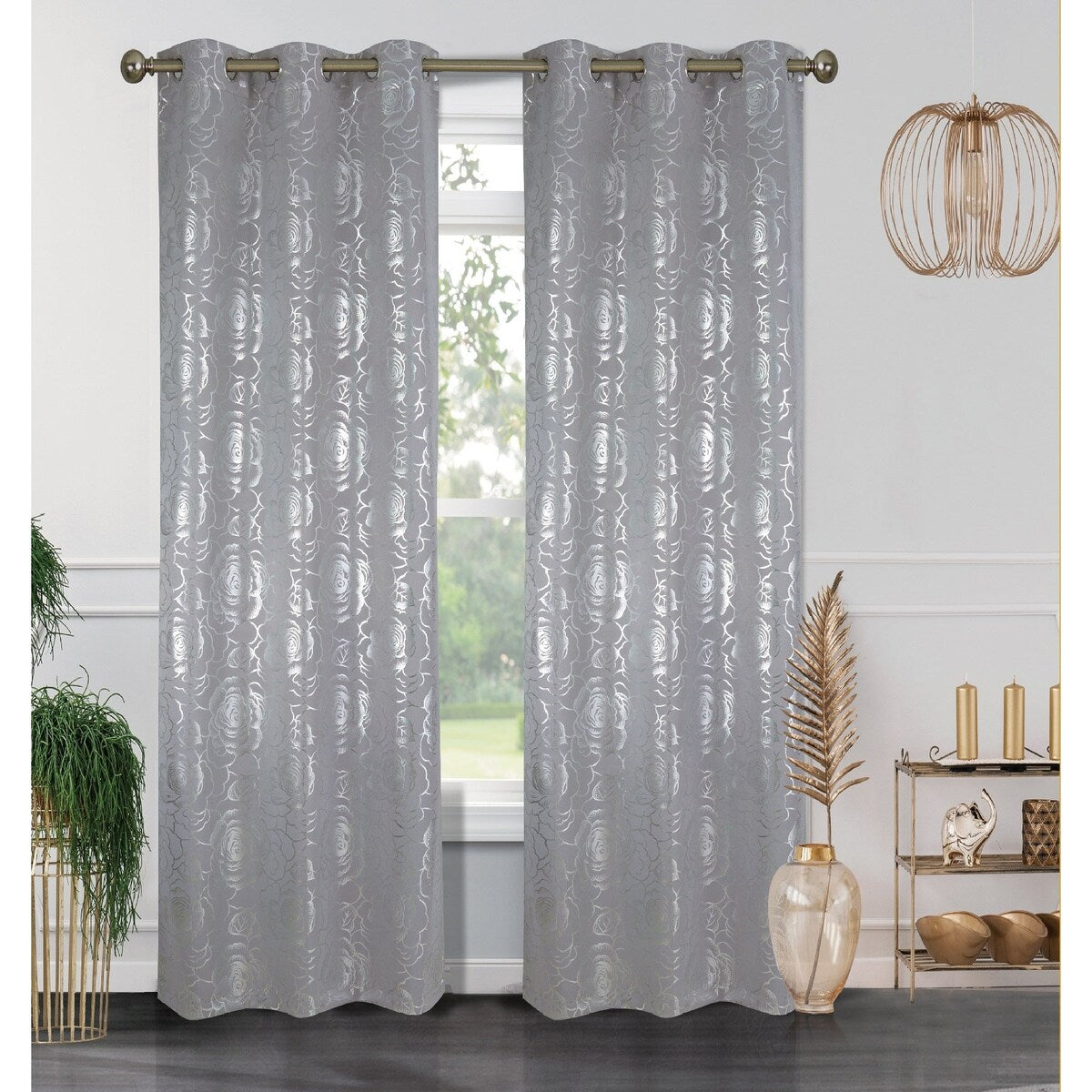 J&V Textiles Floral Metallic Blackout Thermal Grommet Curtain Panels (Set of 2) - Regular