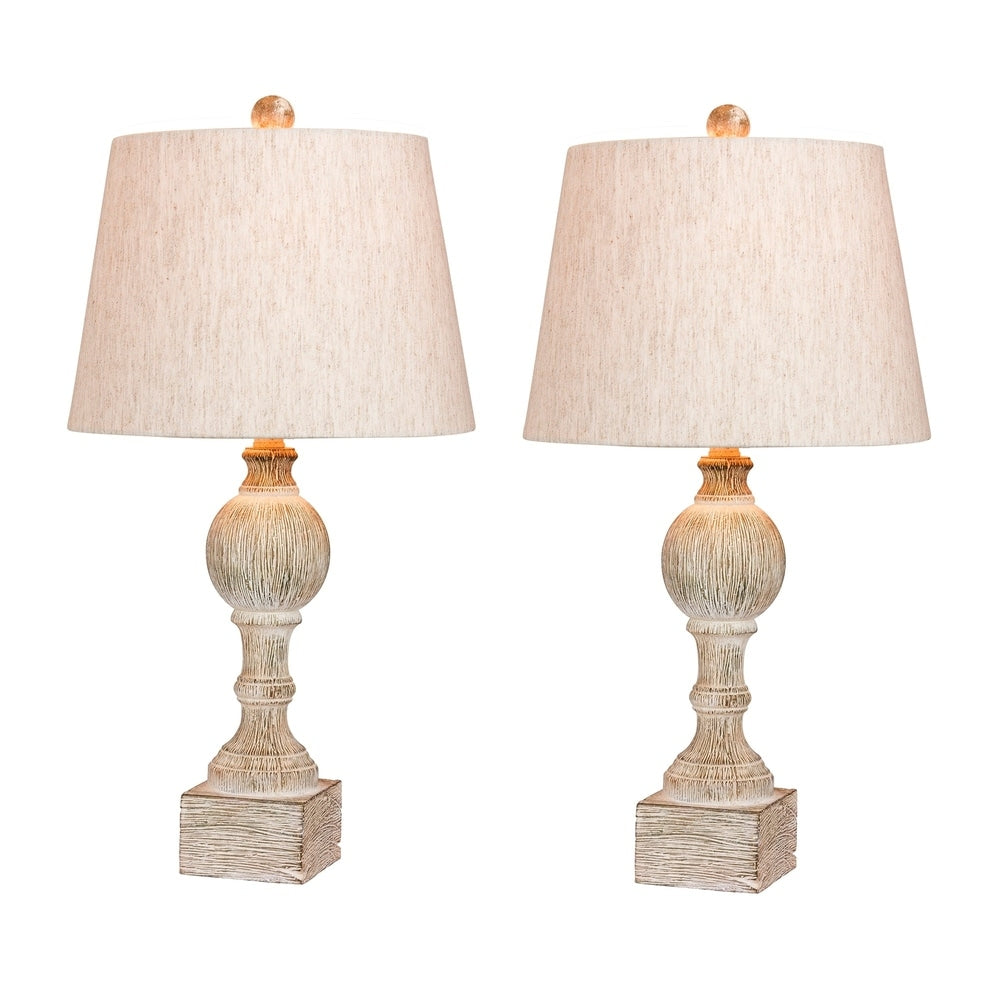 Fangio Lighting's 6239CAW-2PK Pair Of 26.5 in. Distressed, Sculpted Column Resin Table Lamps in a Cottage Antique White Finish