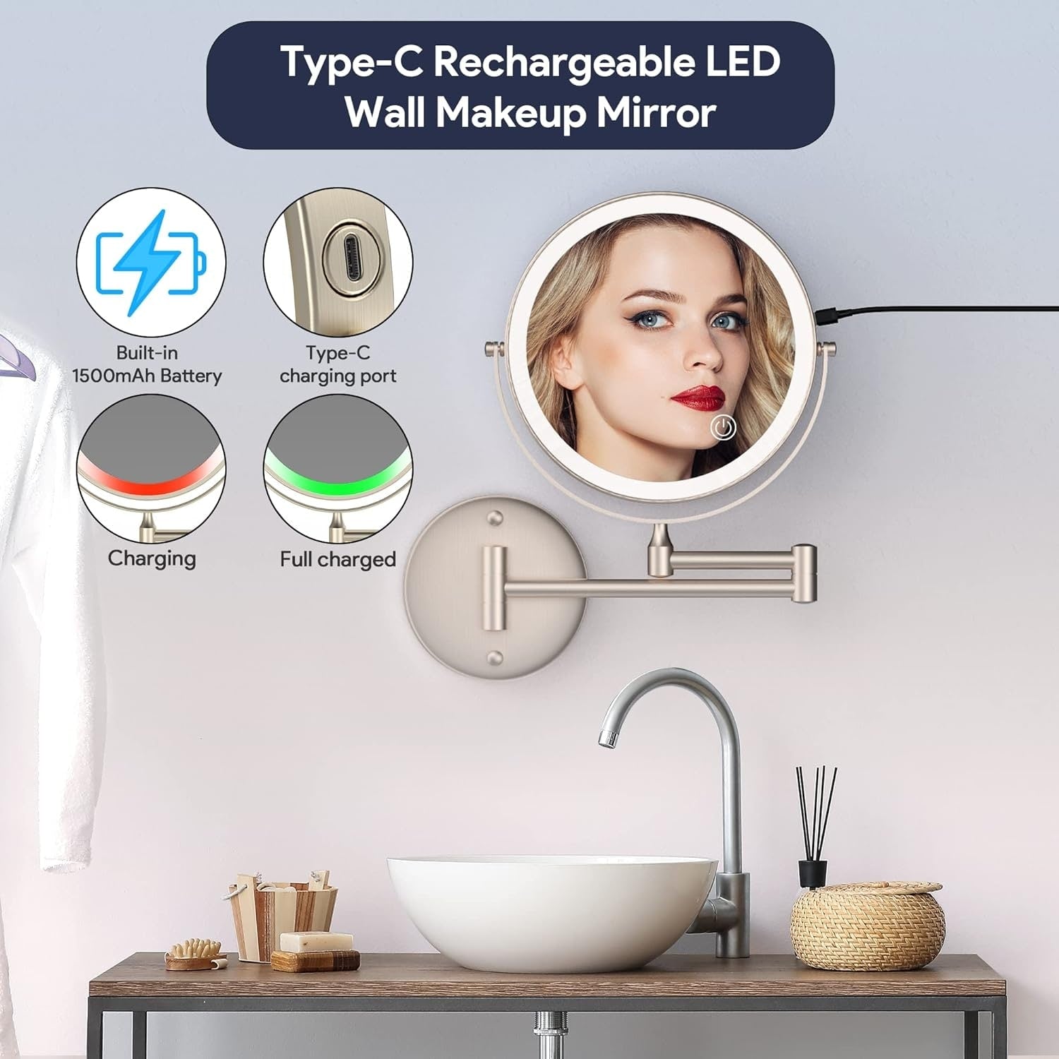 Rechargeable Wall Mounted Lighted Makeup Mirror