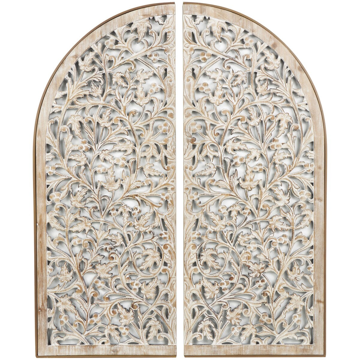 Wooden Floral Handmade Arched Home Wall Decor with Intricate Carvings - Set of 2 Brown - Roche River Decor