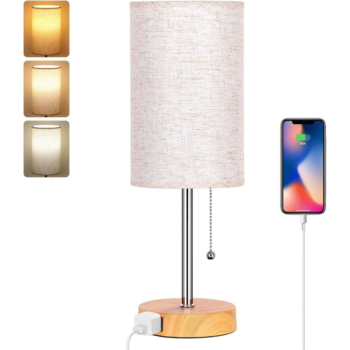 Table Lamp for Bedroom, 3-Color Bedside Lamps with Pull Chain, Bedroom Table Lamps for Nightstand, Bulb Included