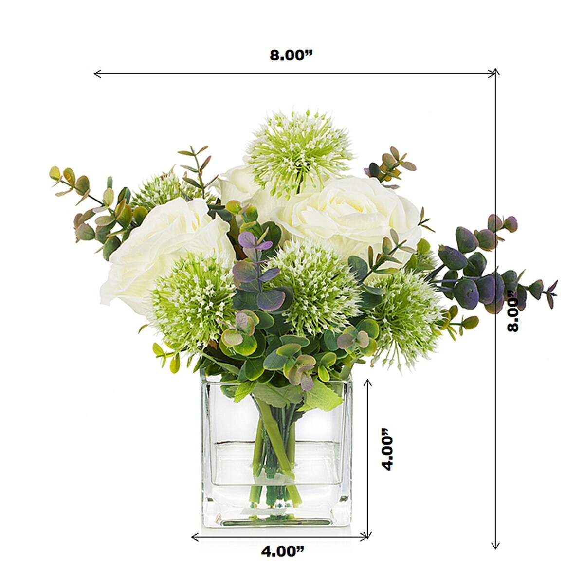 Enova Home Home Mixed Artificial Silk Roses Flowers and Greenery Arrangement in Cube Glass Vase with Faux Water for Home Decór