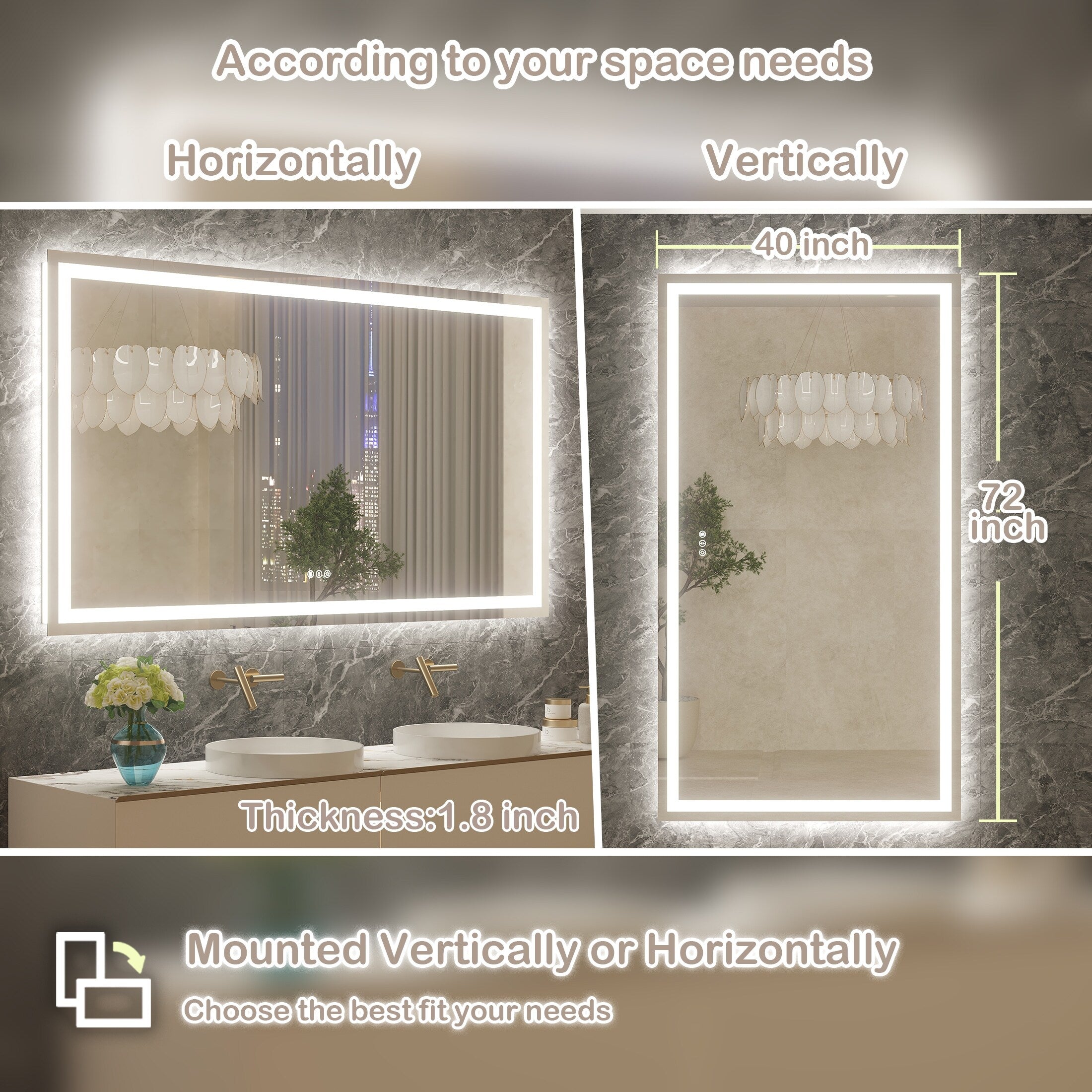 Large Rectangular Frameless Anti-Fog LED Light Wall Mounted Bathroom Vanity Mirror in White - N/A