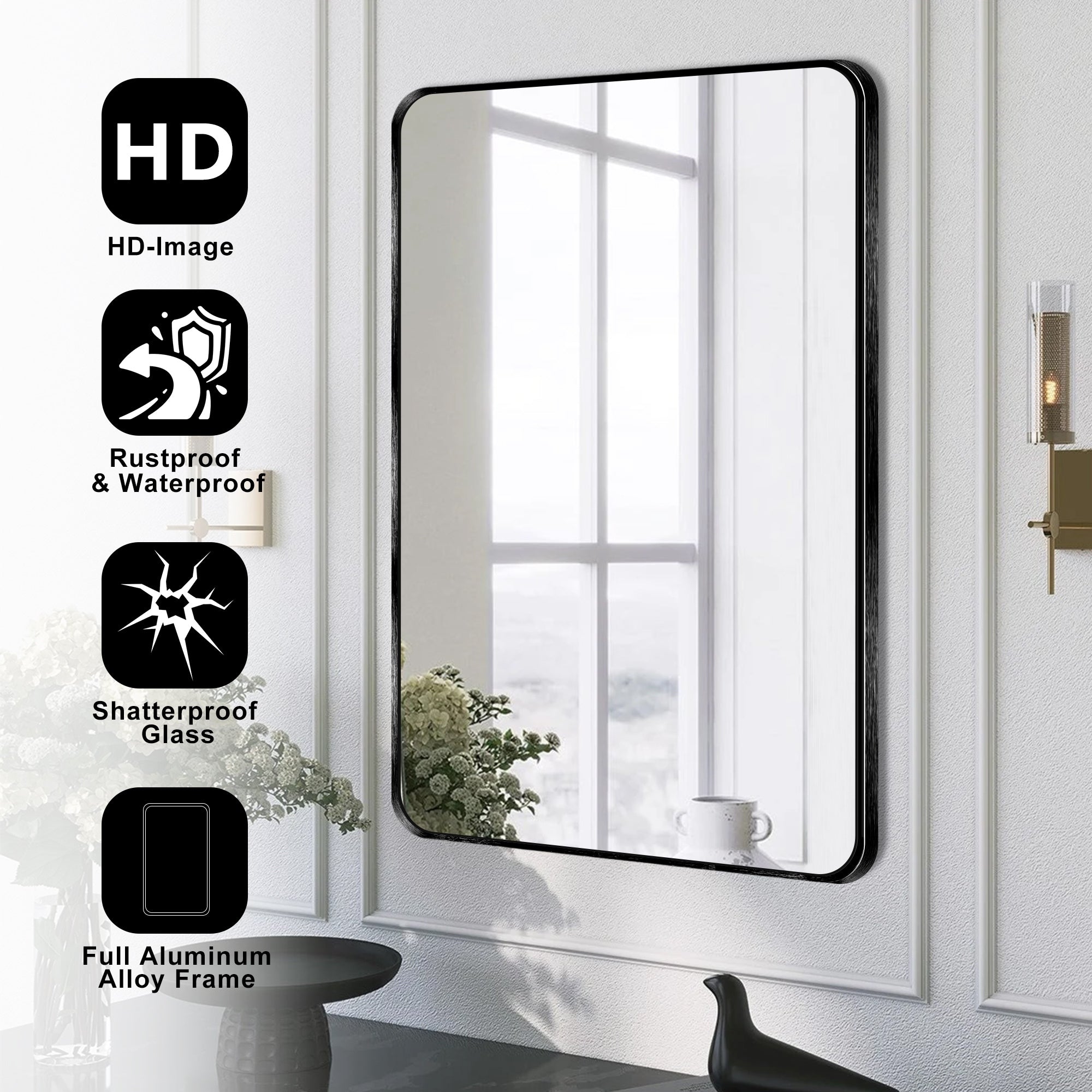 Wall Mount Bathroom Rectangle Vanity Mirror (Horizontal/Vertical)