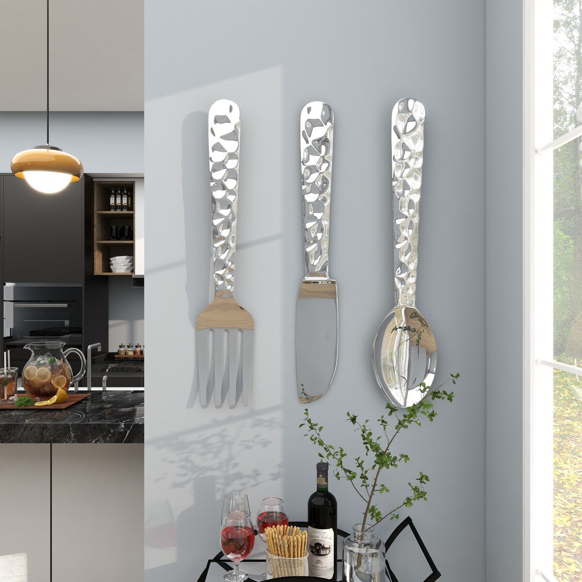 Aluminum Metal Utensils Knife, Spoon and Fork Home Wall Decor - Set of 3 Silver or Copper - Roche River Decor