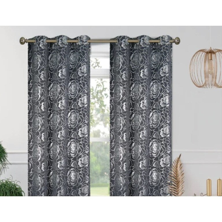 J&V Textiles Floral Metallic Blackout Thermal Grommet Curtain Panels (Set of 2) - Regular