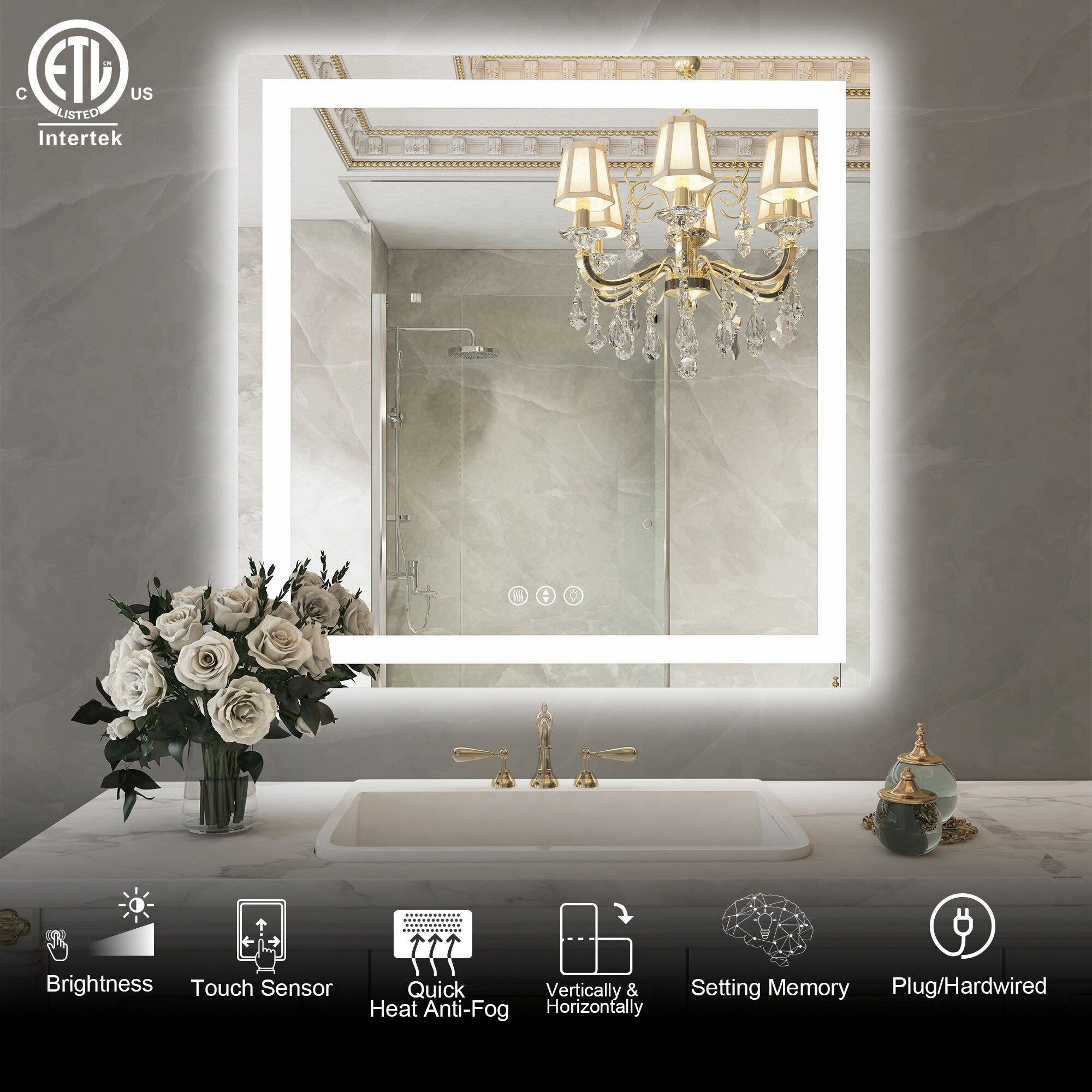 Large Rectangular Frameless Anti-Fog LED Light Wall Mounted Bathroom Vanity Mirror in White - N/A