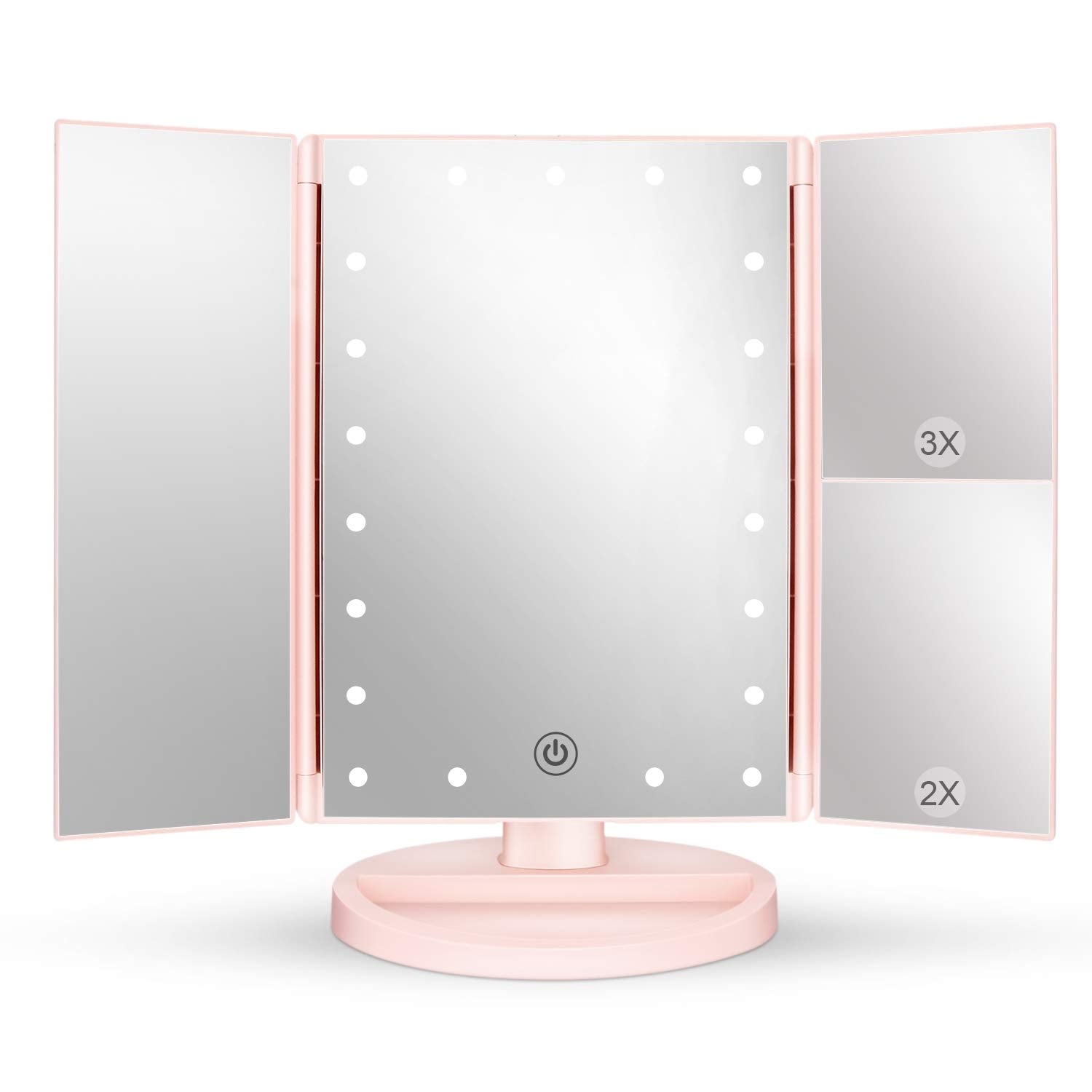 Tabletop Mount Trifold Lighted Vanity Mirror with 21 LED Lights,Two Power Supply Mode Make up Mirror