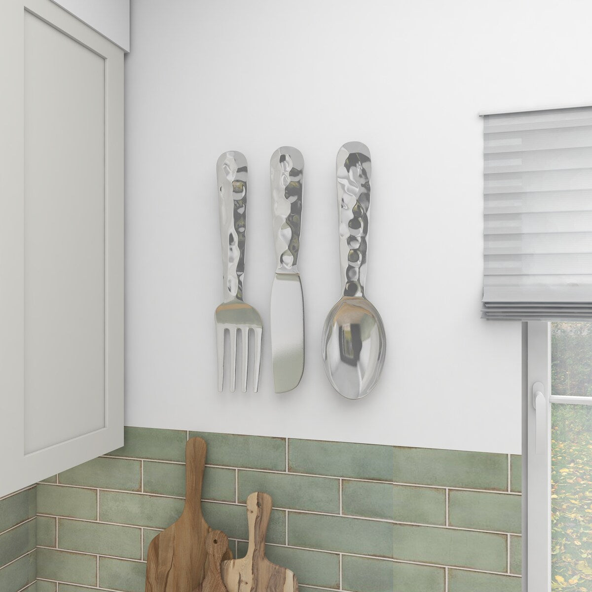 Aluminum Metal Utensils Knife, Spoon and Fork Home Wall Decor - Set of 3 Silver or Copper - Roche River Decor