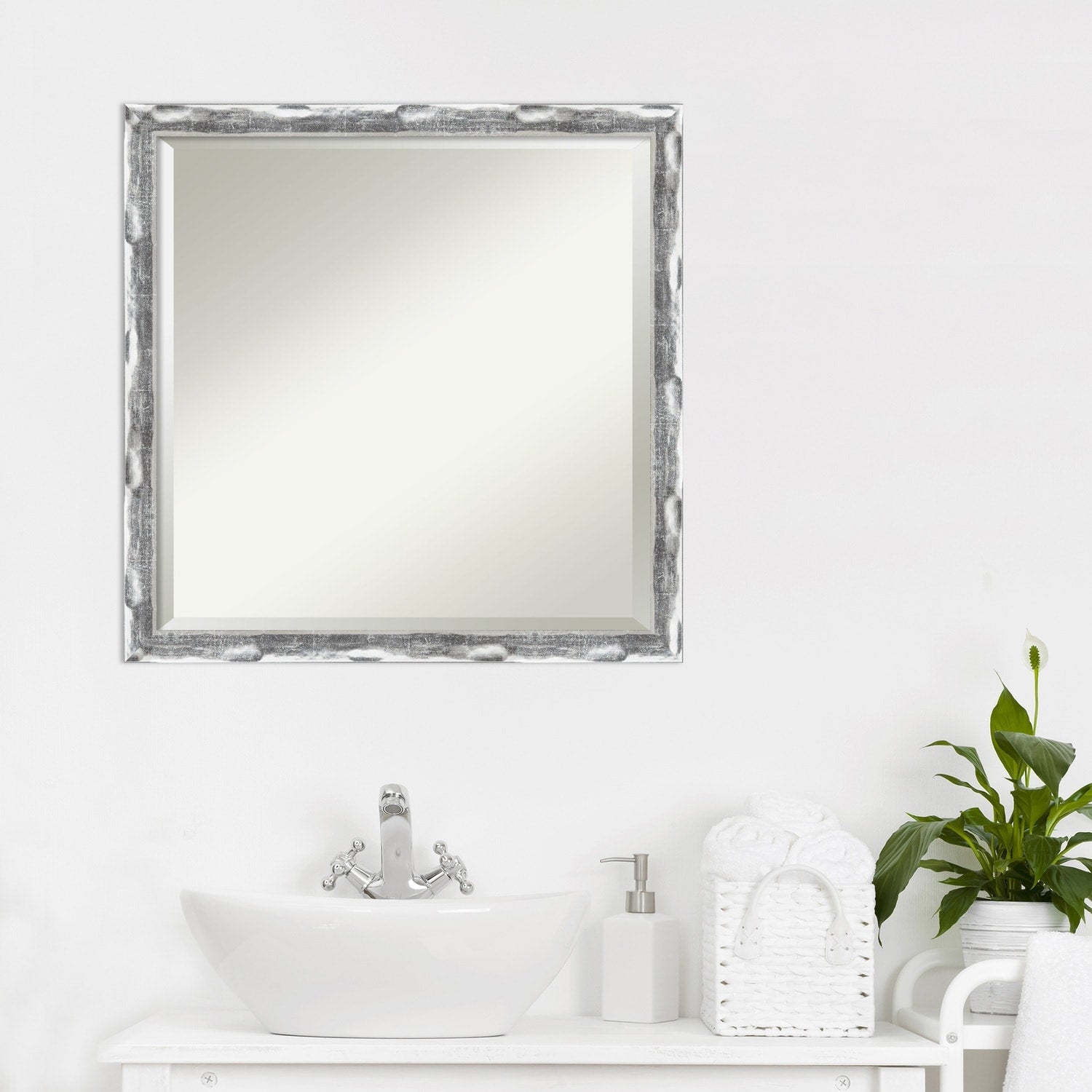 Beveled Bathroom Wall Mirror - Scratched Wave Chrome Frame - Scratched Wave Chrome